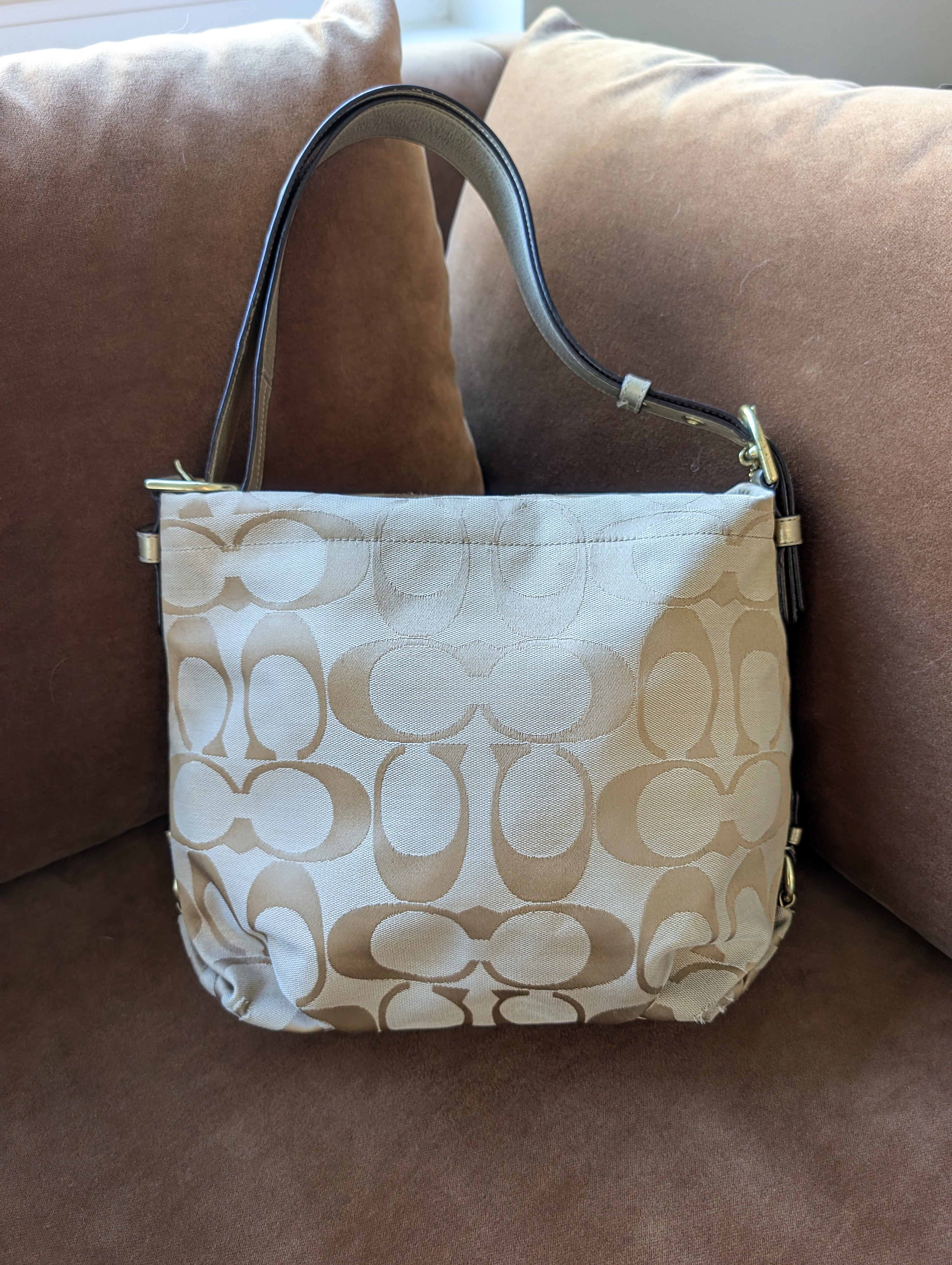 Coach Soho Signature Duffle Shoulder Bag in Beige & Gold