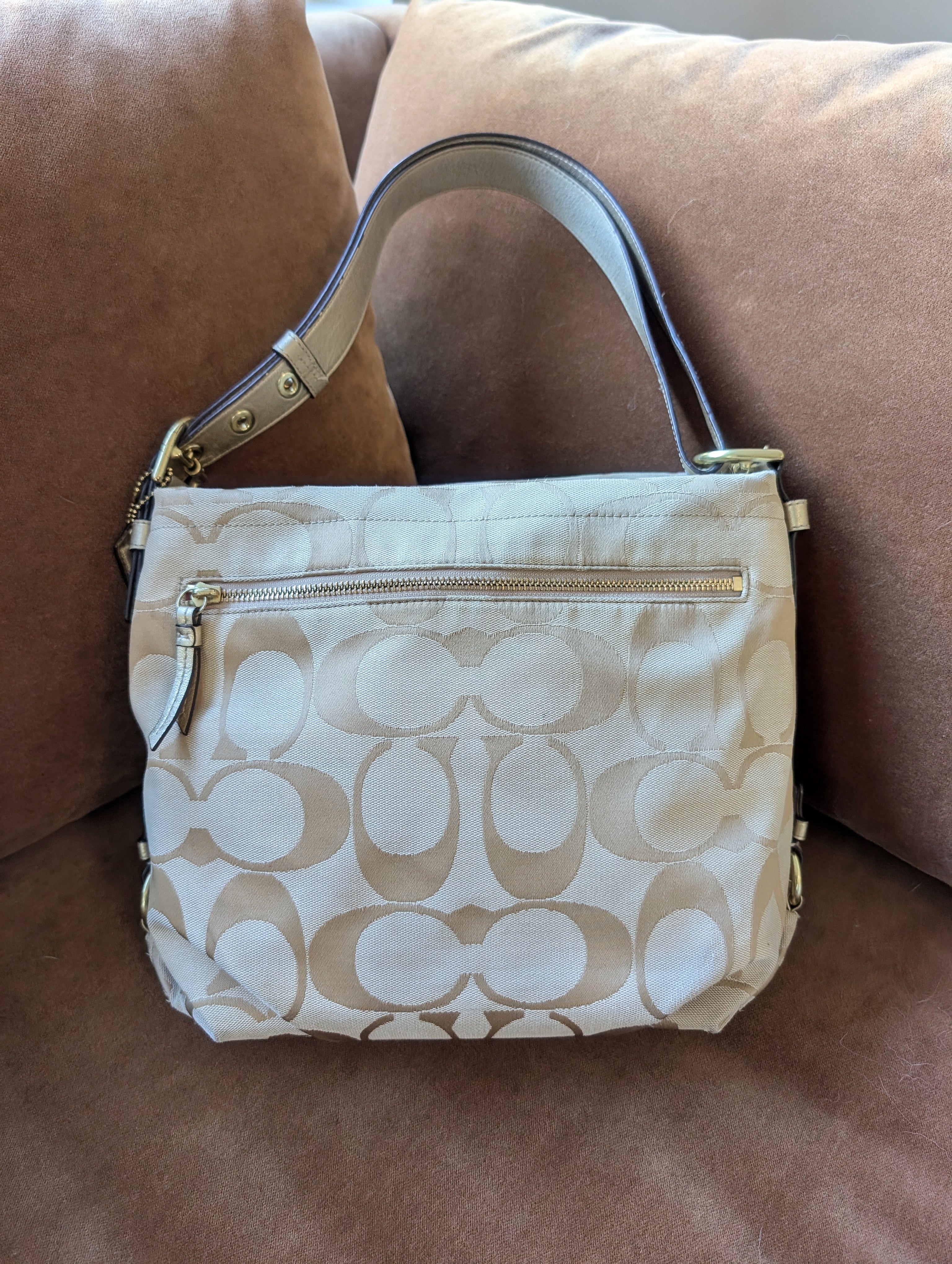 Coach Soho Signature Duffle Shoulder Bag in Beige & Gold