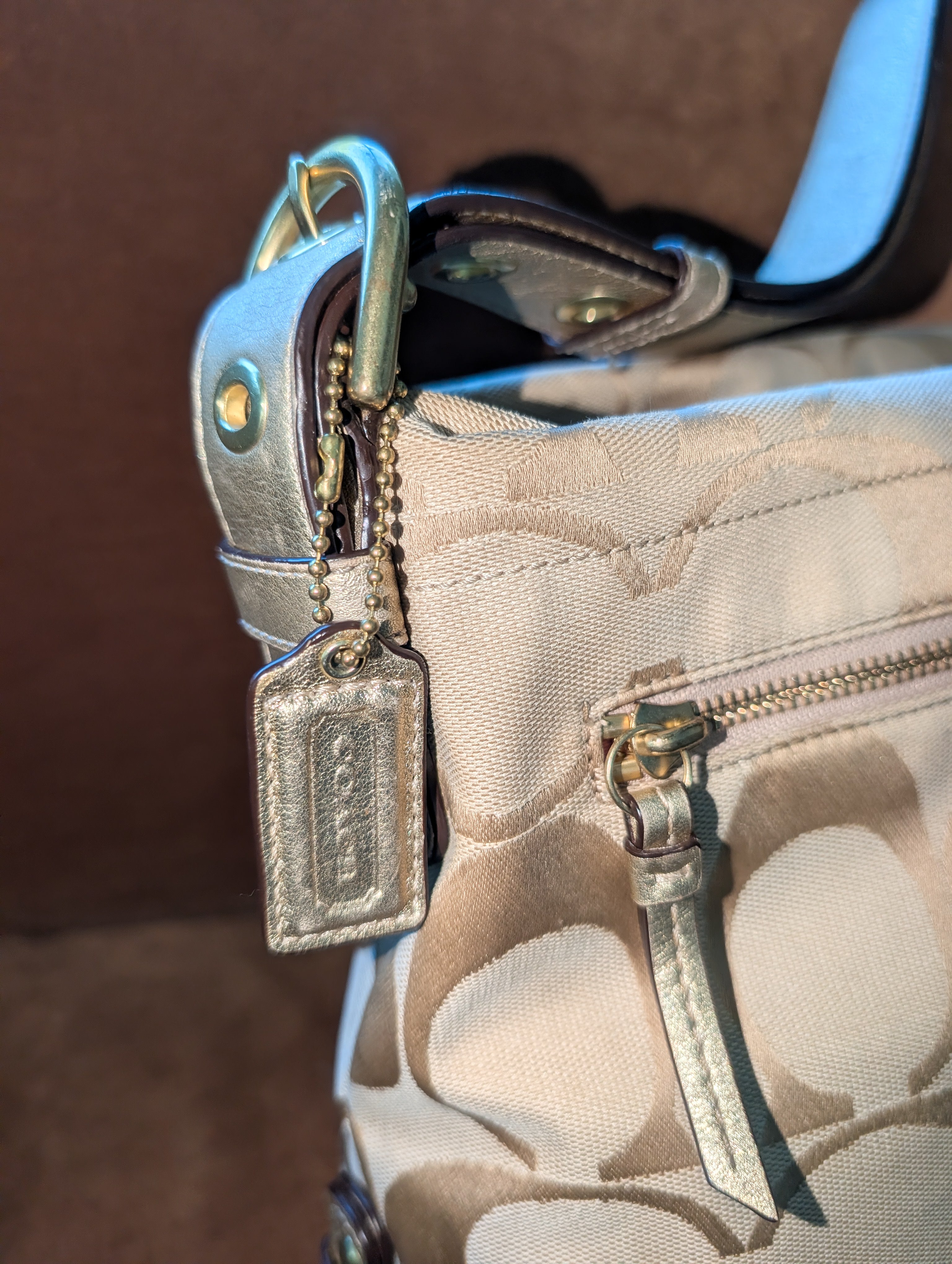 Coach Soho Signature Duffle Shoulder Bag in Beige & Gold