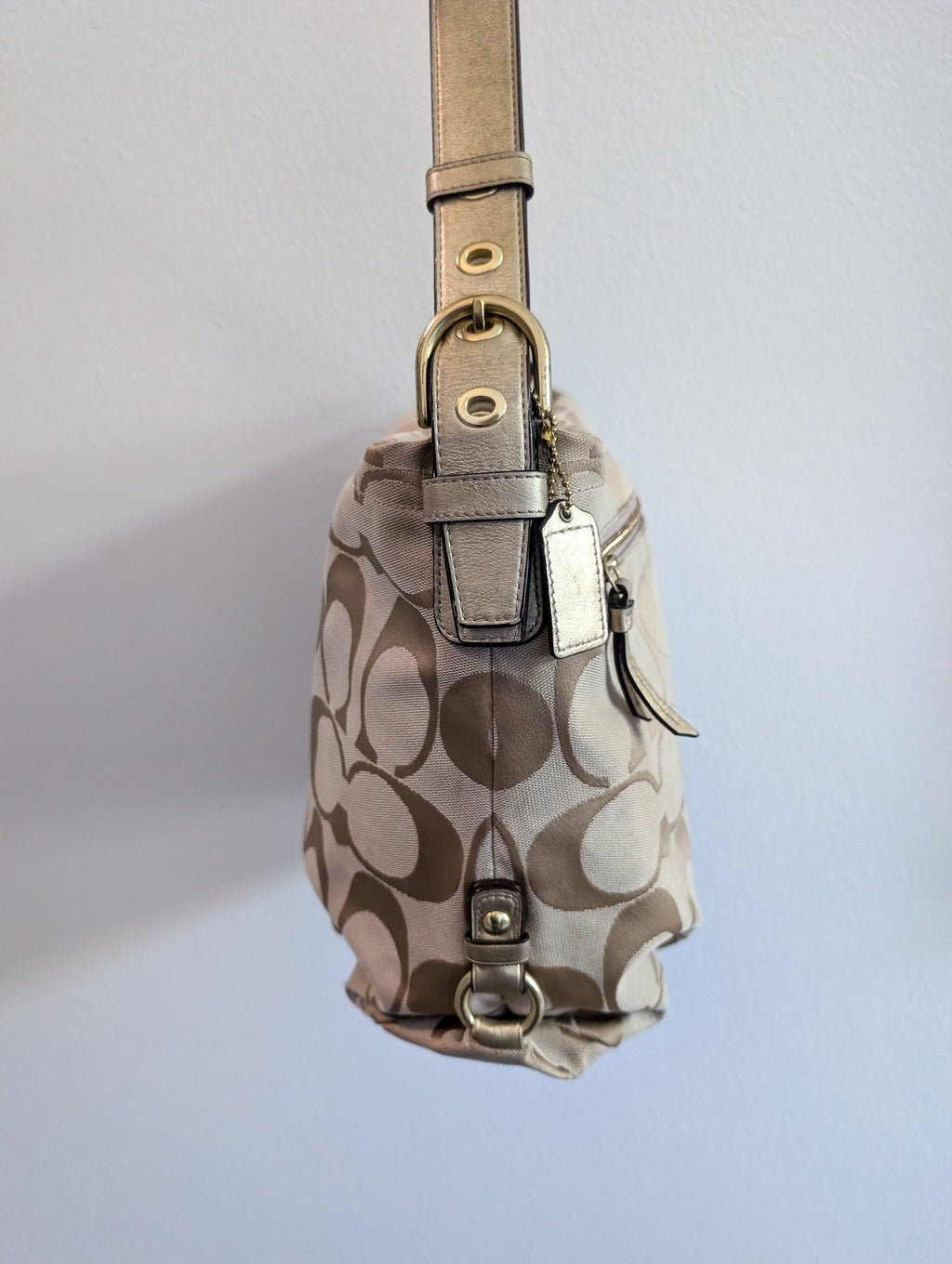 Coach Soho Signature Duffle Shoulder Bag in Beige & Gold