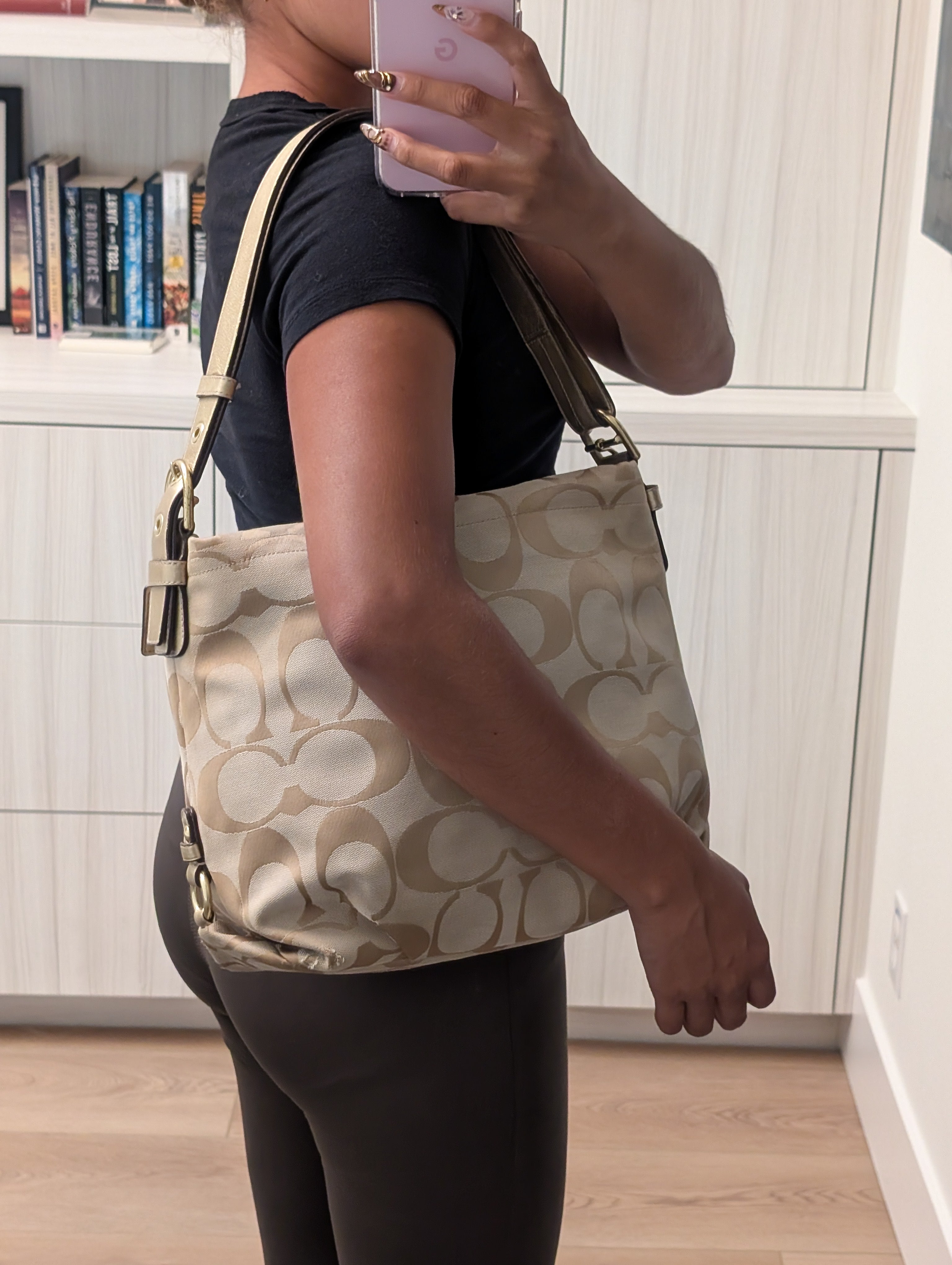 Coach Soho Signature Duffle Shoulder Bag in Beige & Gold