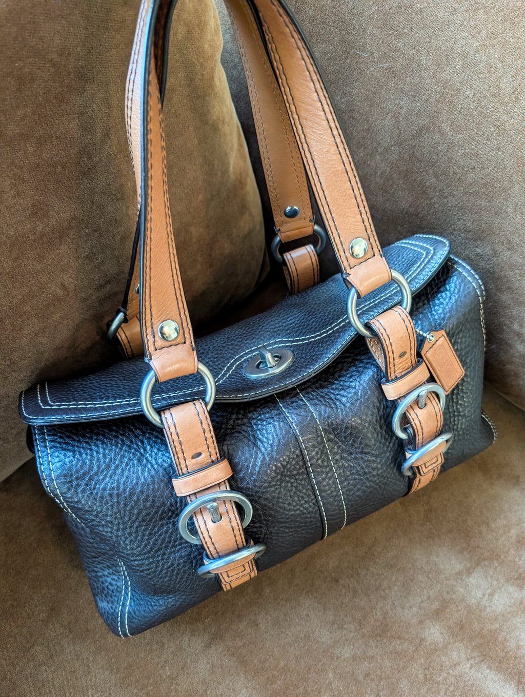 Vintage Coach Chelsea Tan Brown Pebble Leather Bag with Silver Hardware