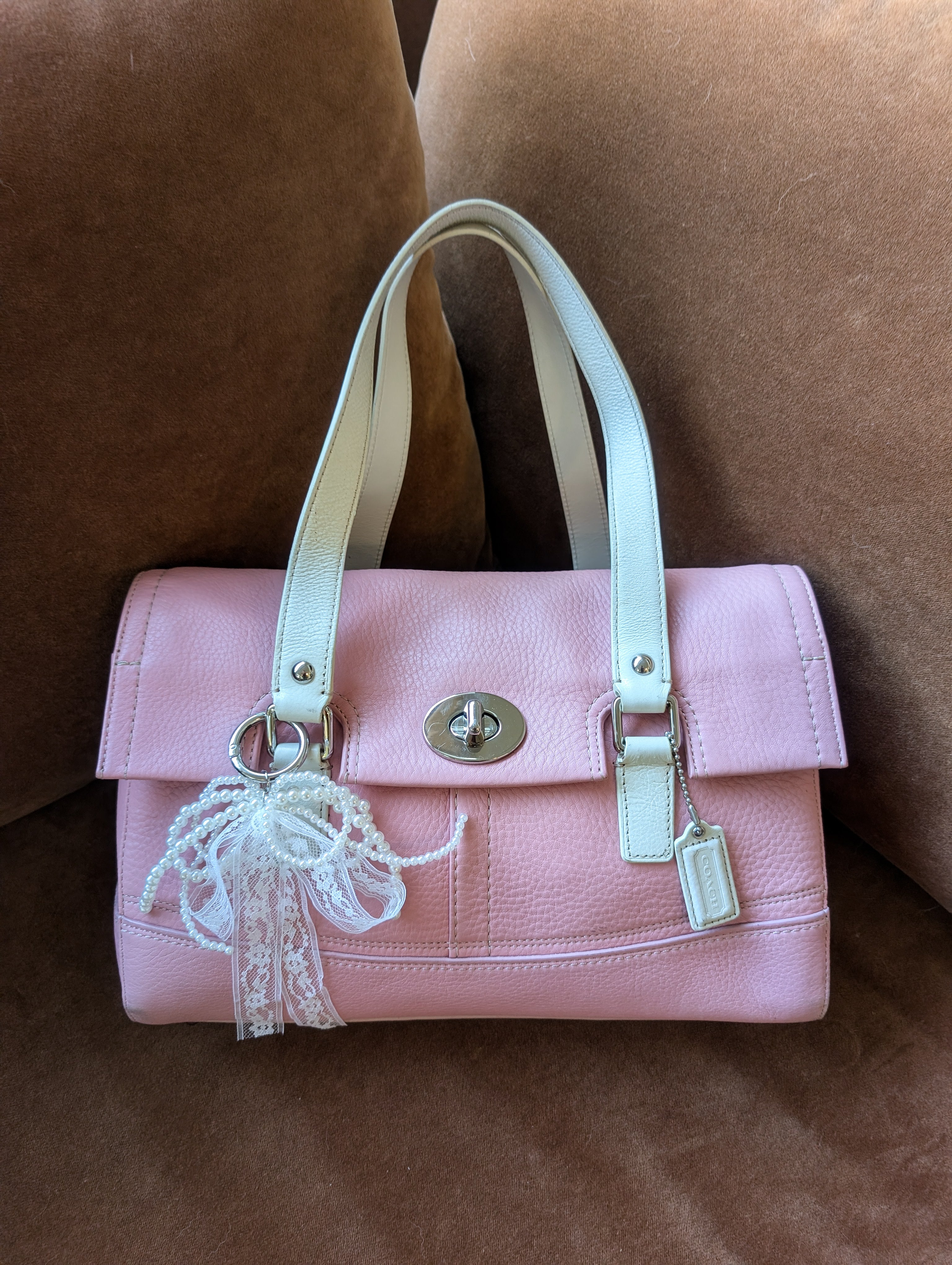 Coach Pink Colorblock Satchel Pebble Leather Double Handle Handbag