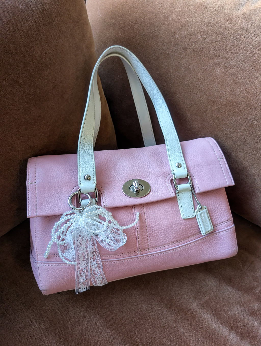 Coach Pink Colorblock Satchel Pebble Leather Double Handle Handbag