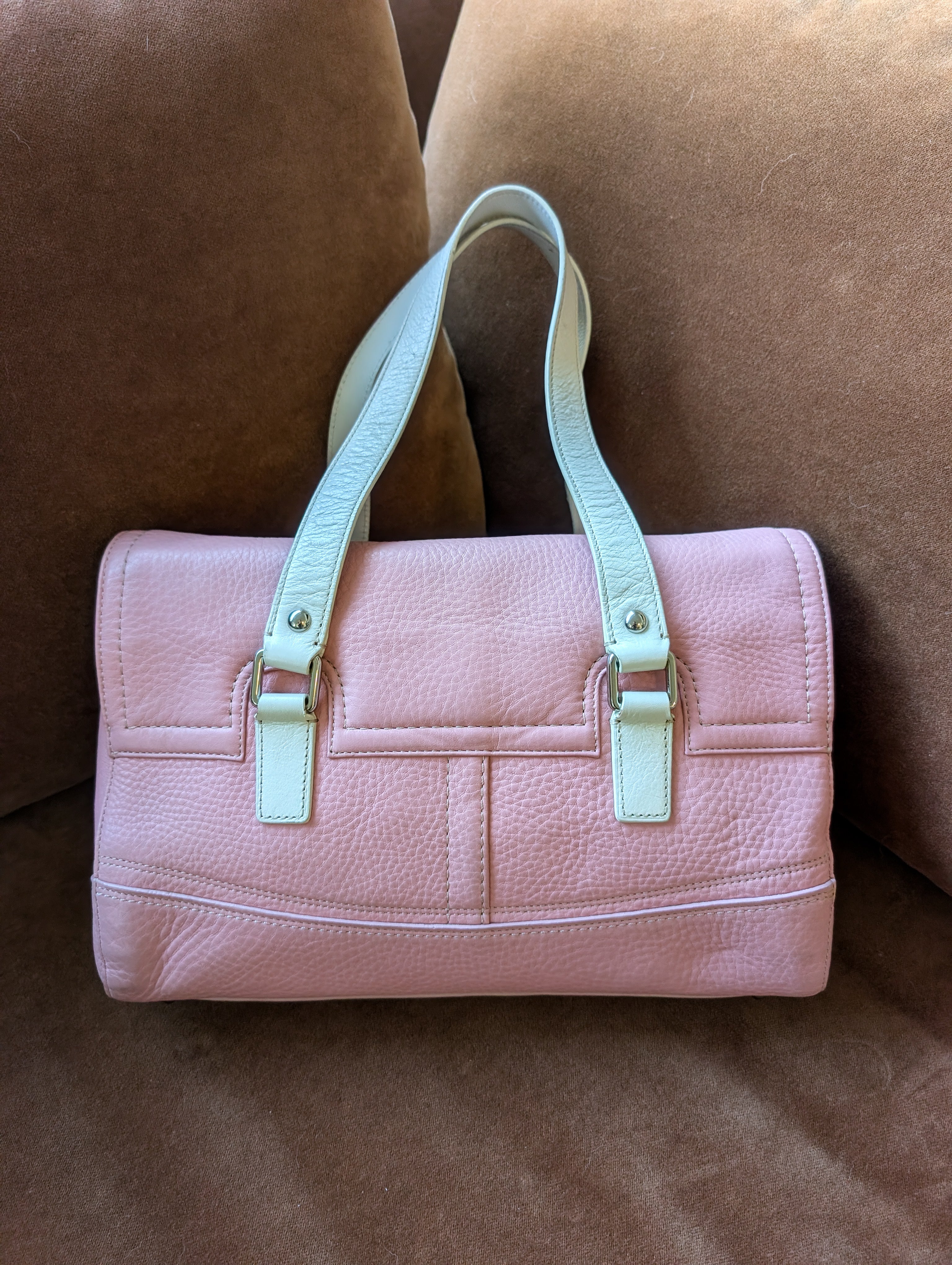 Coach Pink Colorblock Satchel Pebble Leather Double Handle Handbag