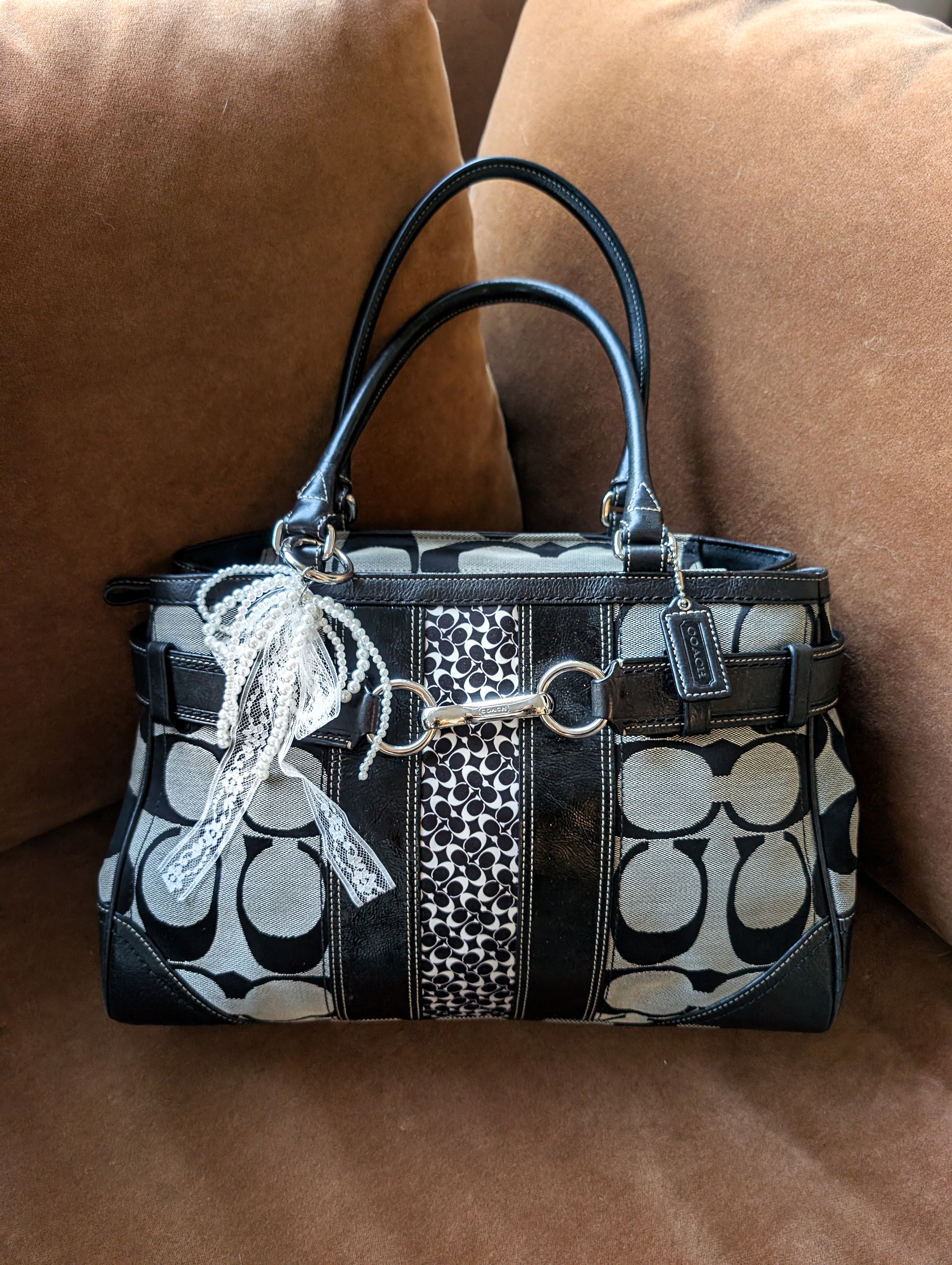 Coach Hamptons Signature Stripe Large Tote Silver Grey Handbag Purse