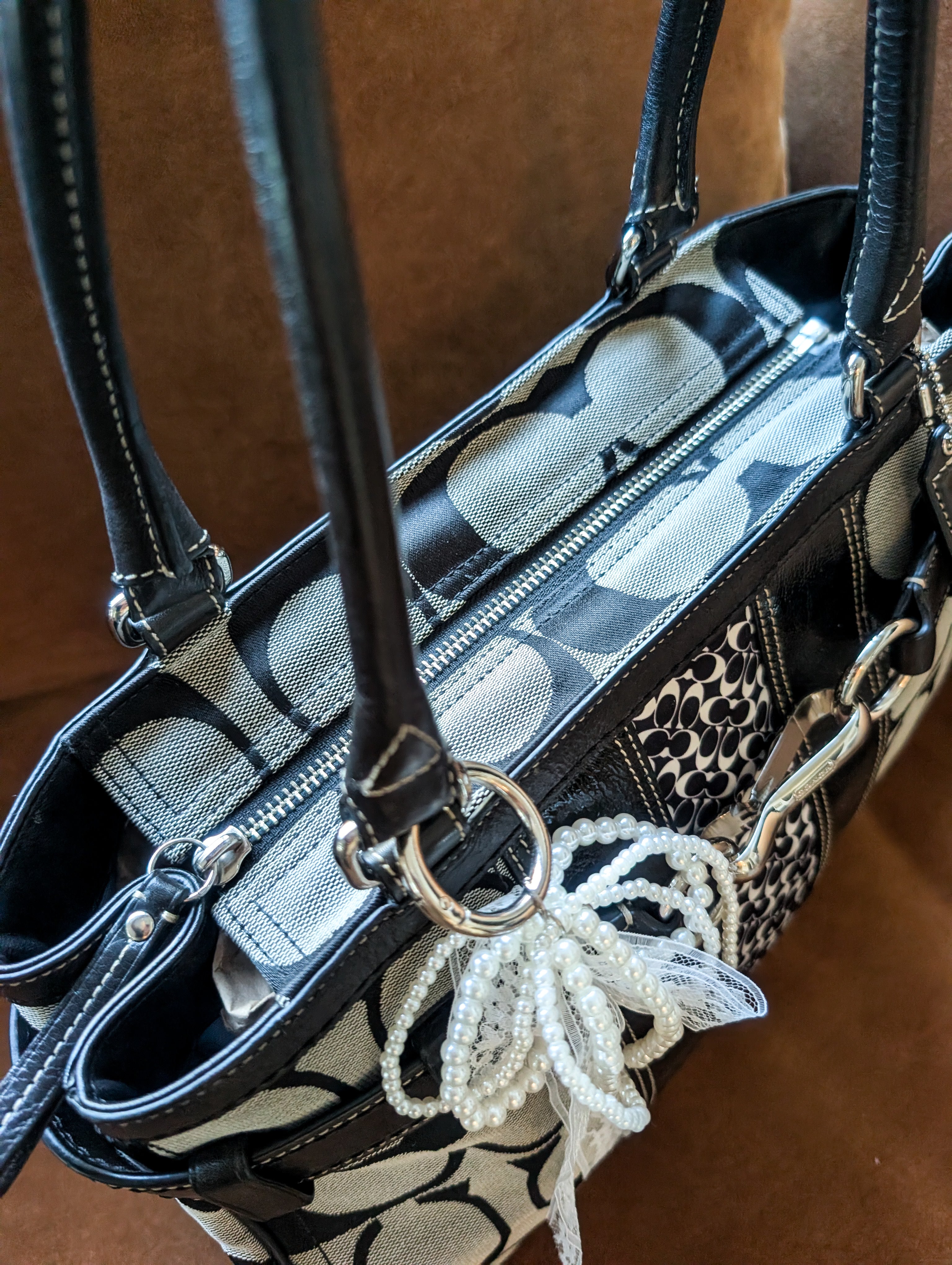 Coach Hamptons Signature Stripe Large Tote Silver Grey Handbag Purse