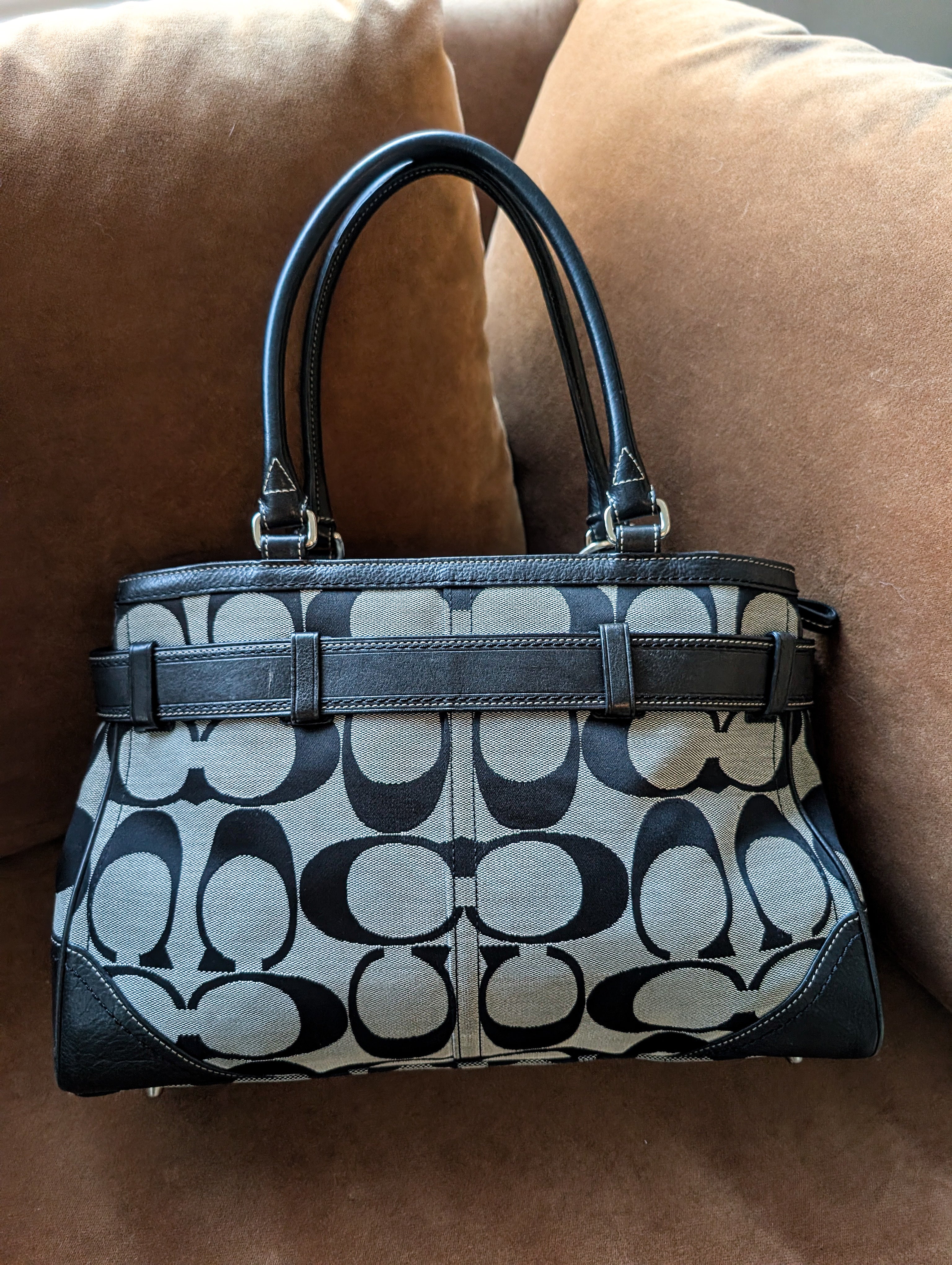 Coach Hamptons Signature Stripe Large Tote Silver Grey Handbag Purse