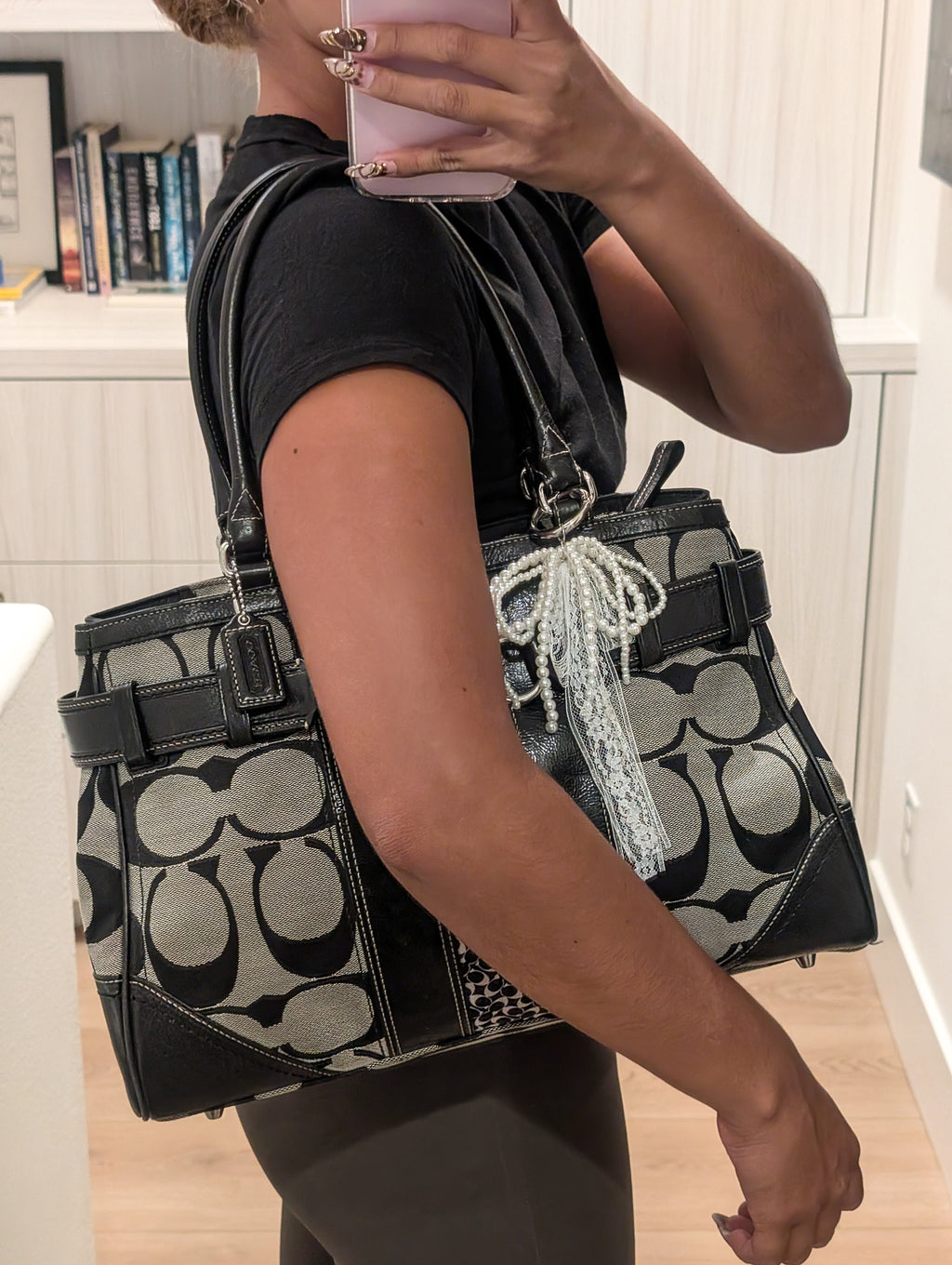 Coach Hamptons Signature Stripe Large Tote Silver Grey Handbag Purse
