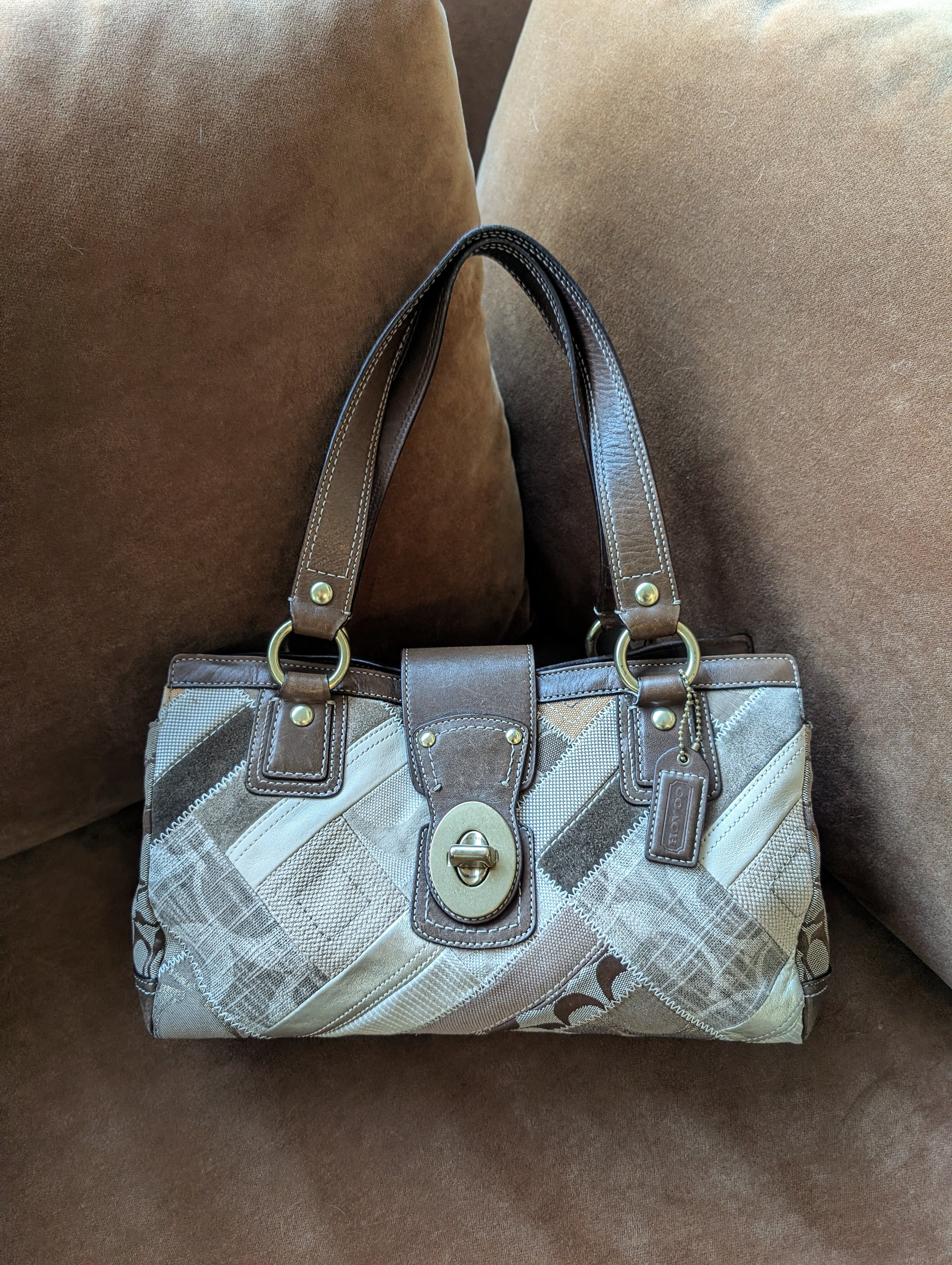 COACH Signature Khaki Patchwork Canvas Leather Turnlock Satchel