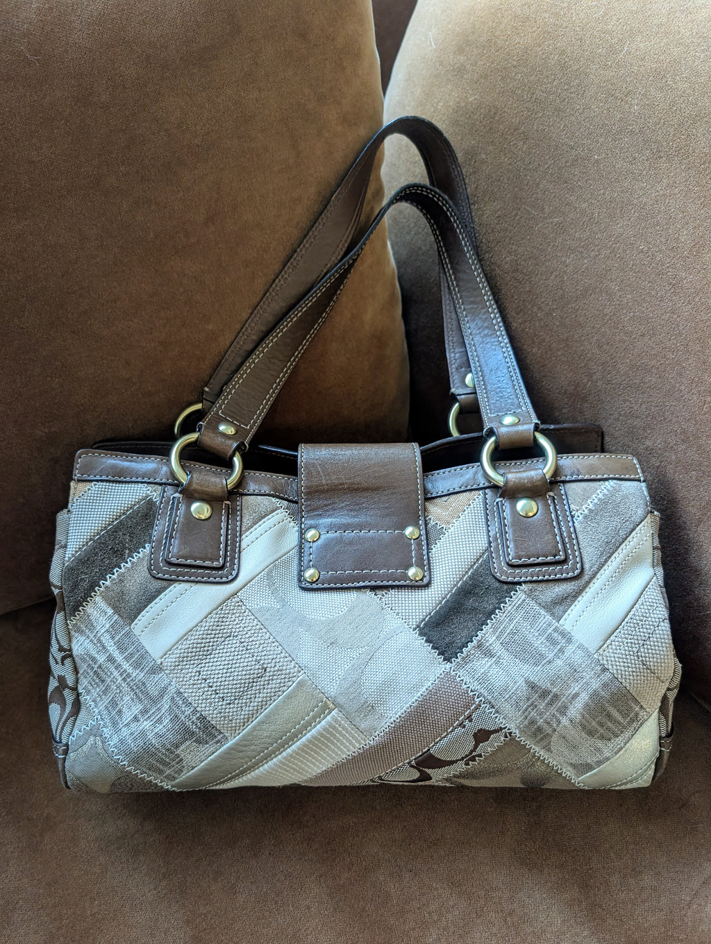 COACH Signature Khaki Patchwork Canvas Leather Turnlock Satchel