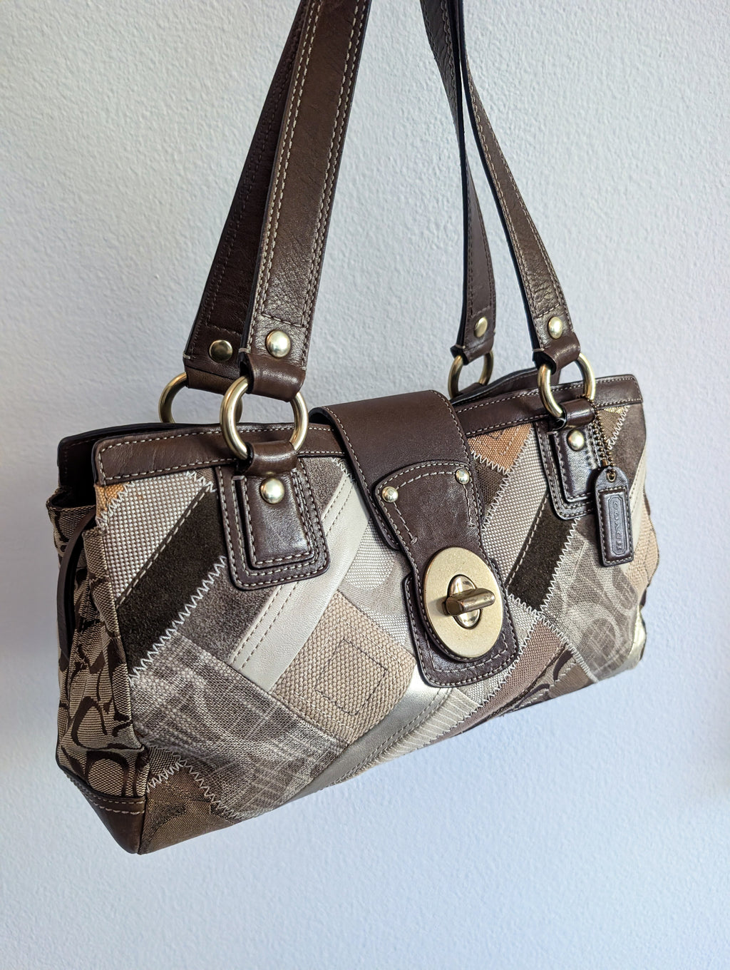 COACH Signature Khaki Patchwork Canvas Leather Turnlock Satchel