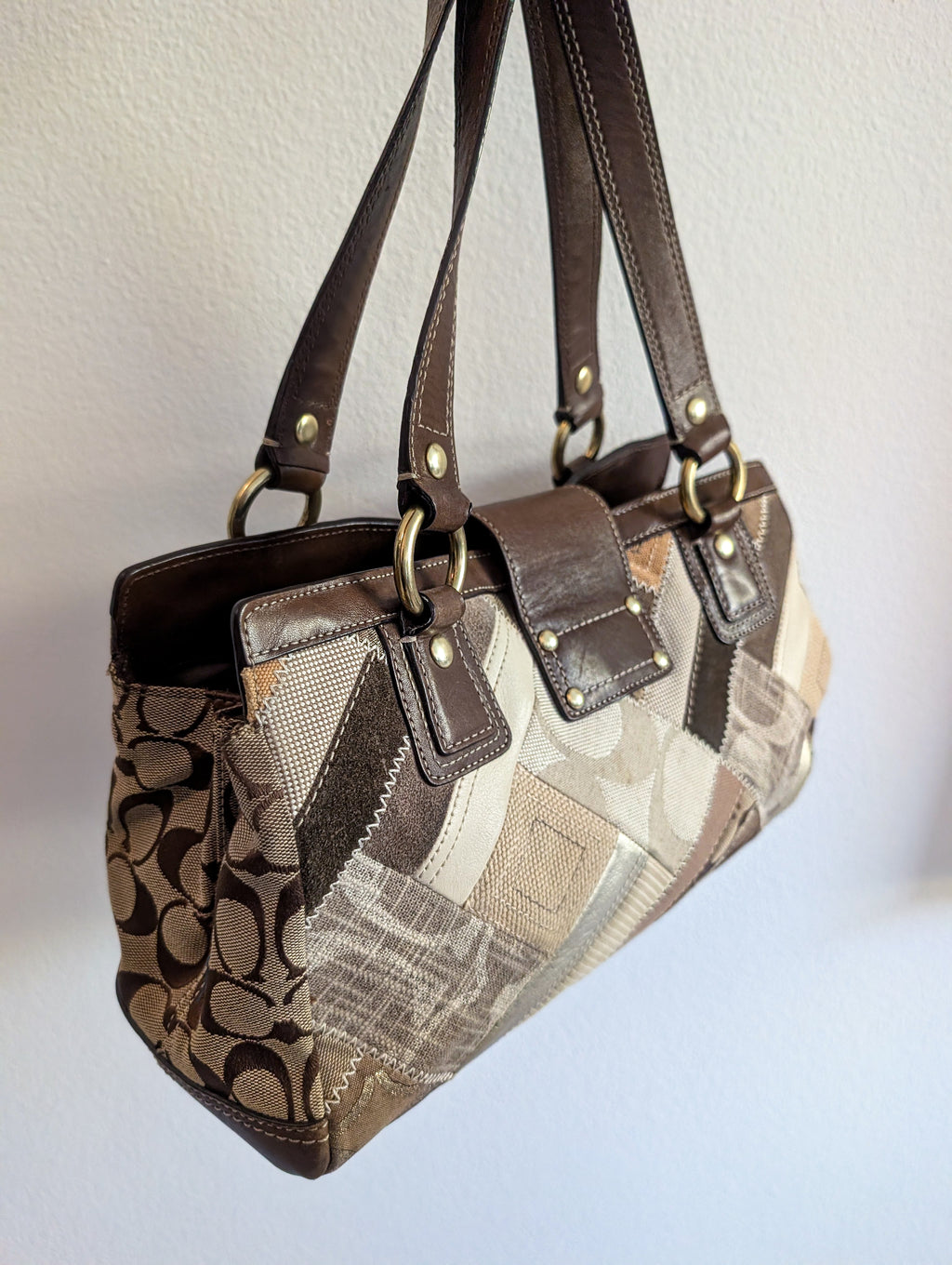 COACH Signature Khaki Patchwork Canvas Leather Turnlock Satchel