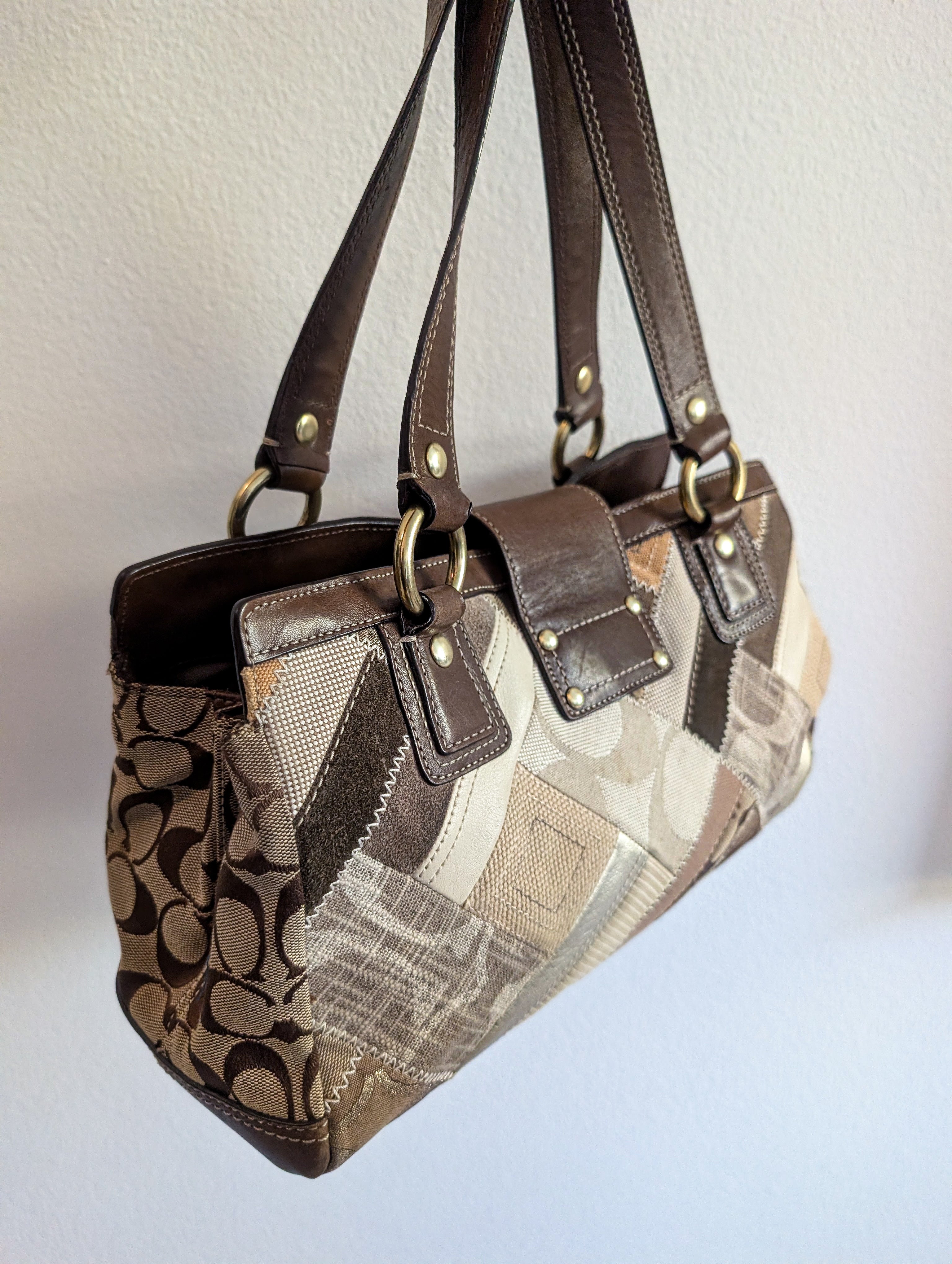 COACH Signature Khaki Patchwork Canvas Leather Turnlock Satchel