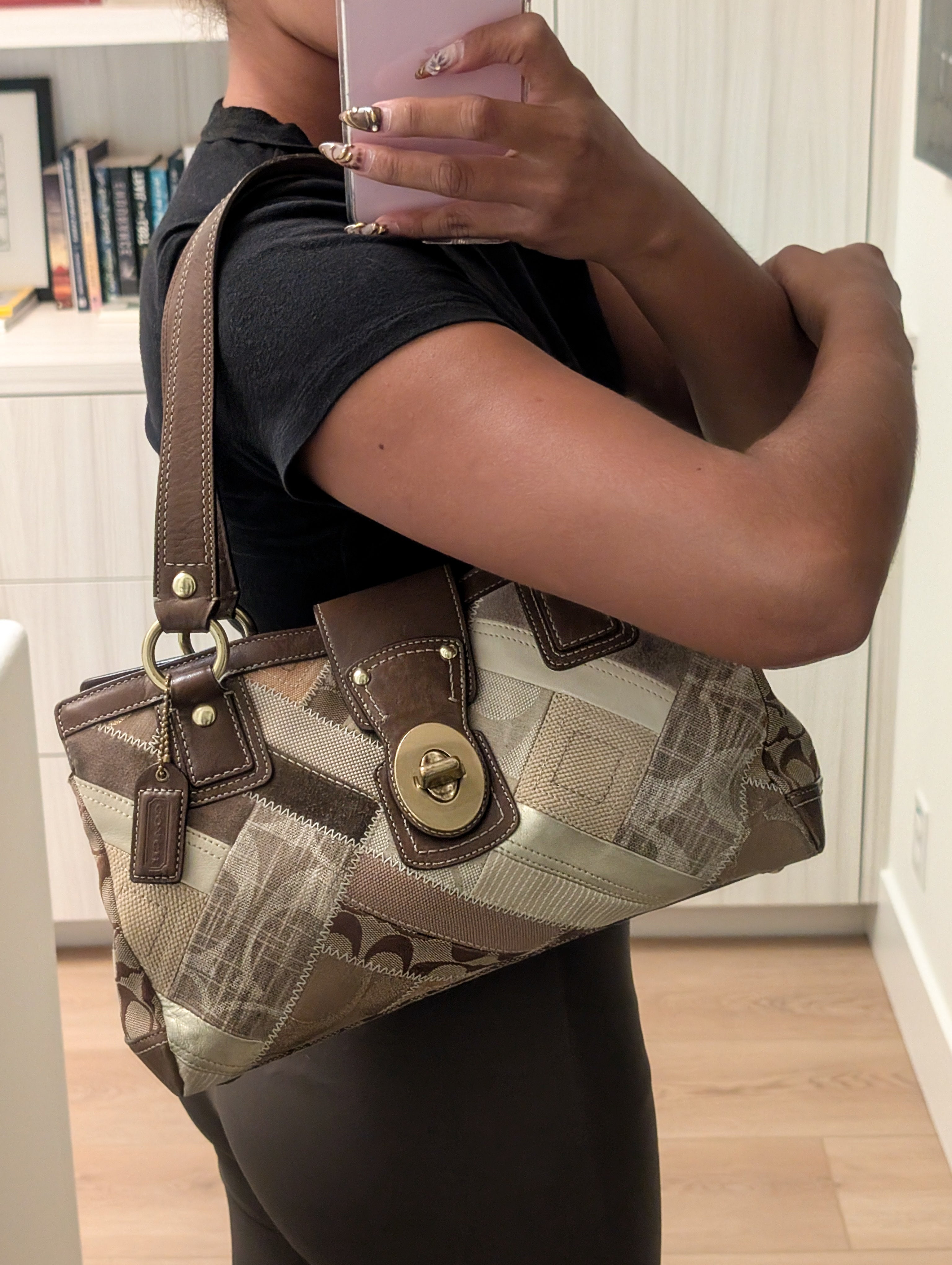 COACH Signature Khaki Patchwork Canvas Leather Turnlock Satchel