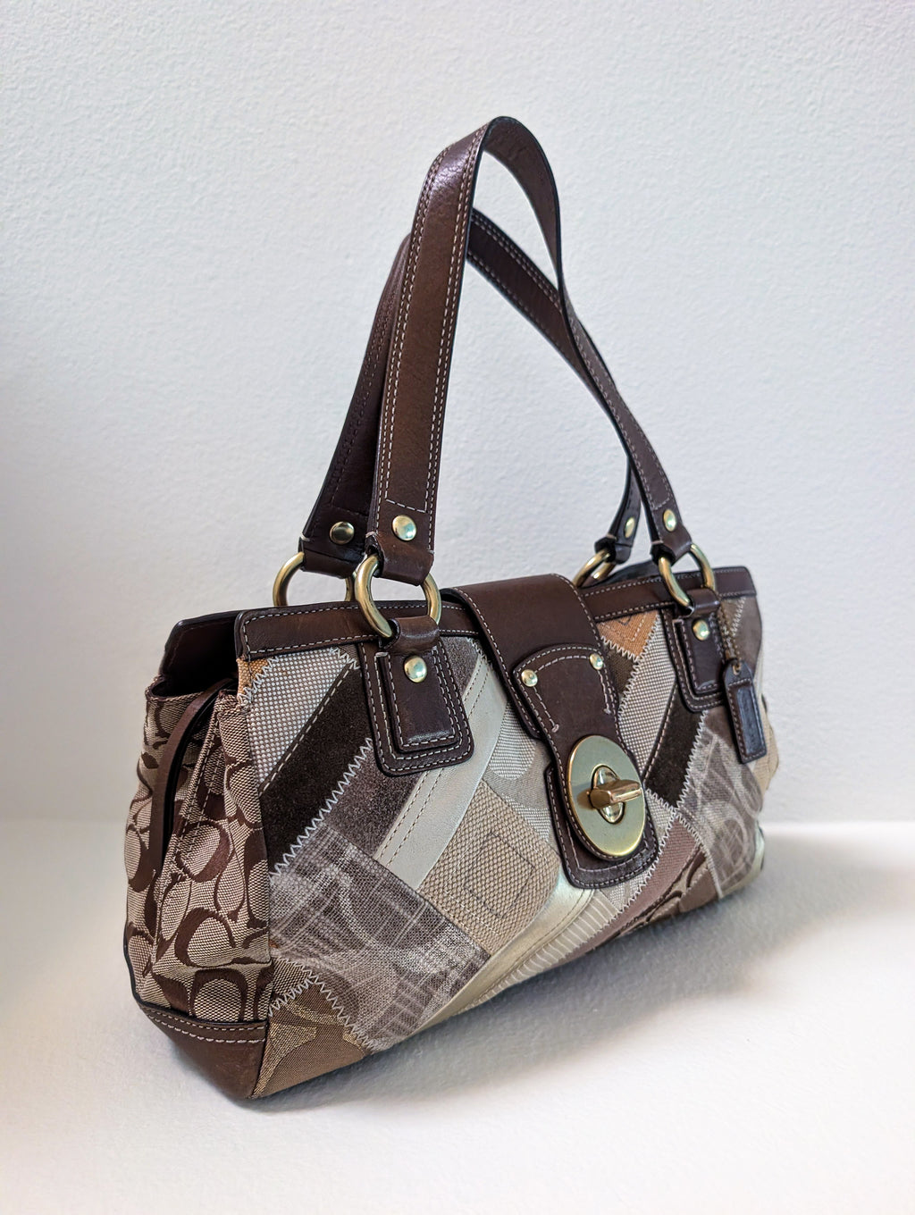 COACH Signature Khaki Patchwork Canvas Leather Turnlock Satchel