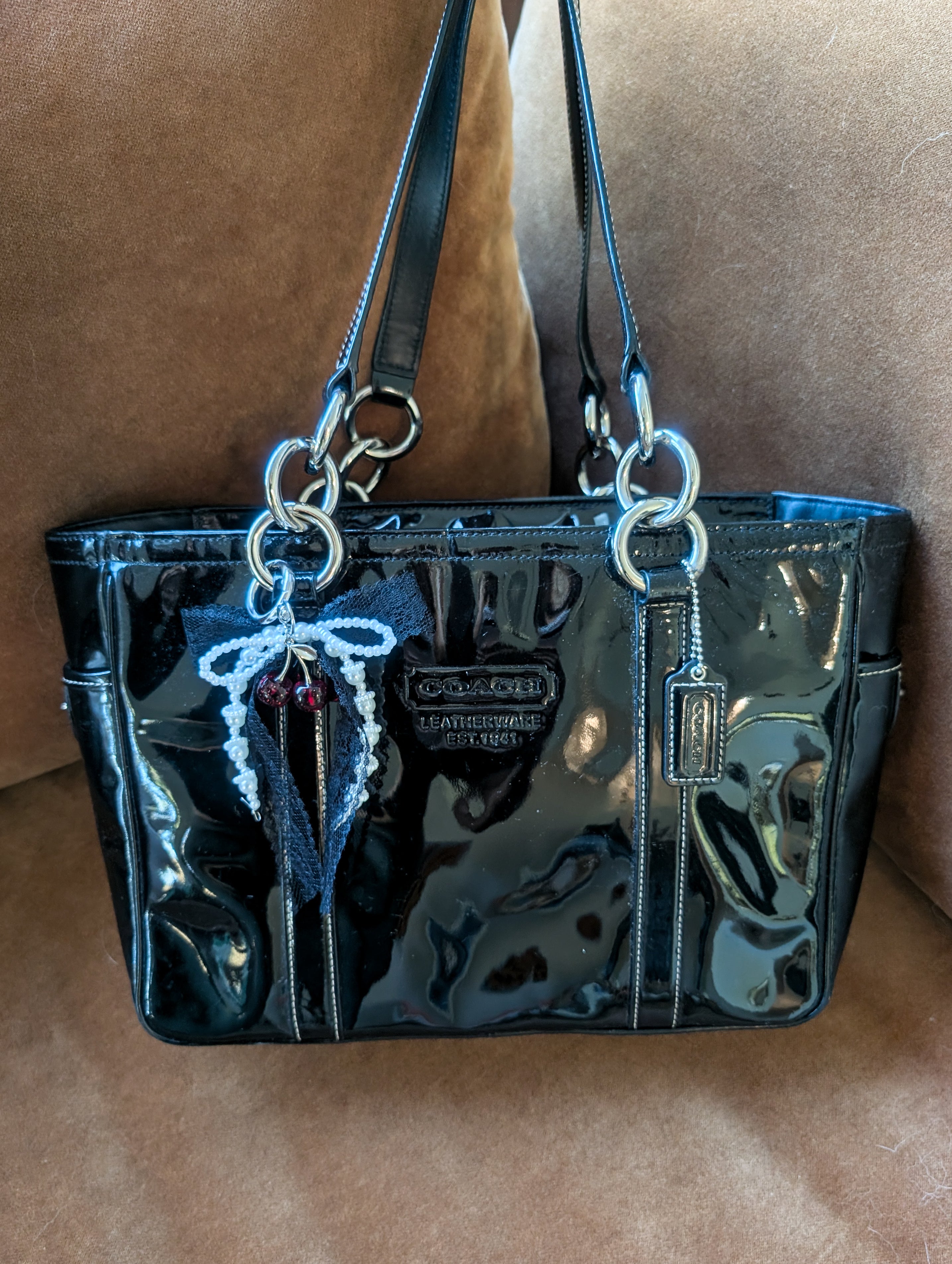 Coach East West Gallery Black Patent Leather Tote Shoulder Bag