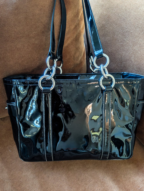 Coach East West Gallery Black Patent Leather Tote Shoulder Bag