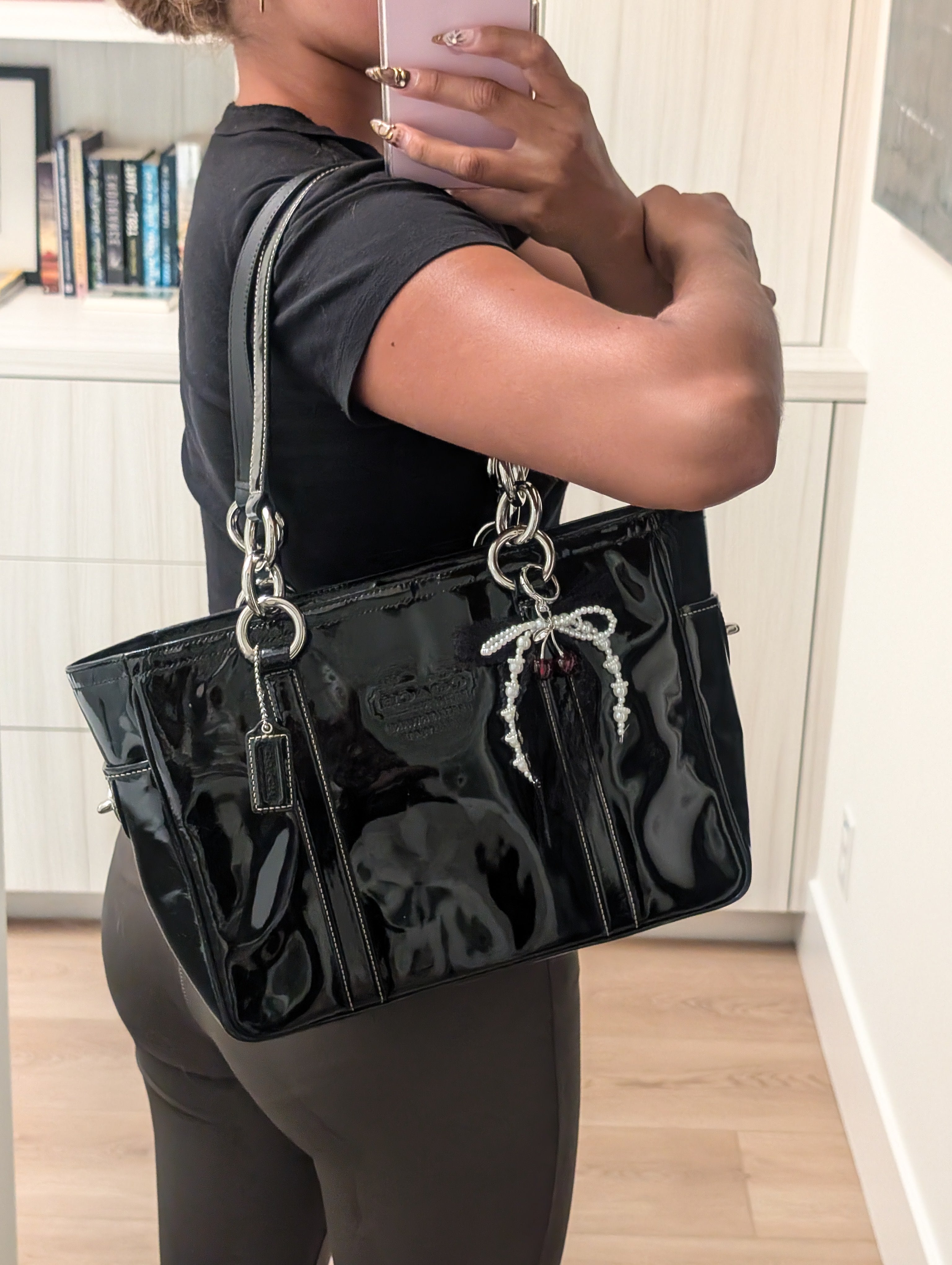 Coach East West Gallery Black Patent Leather Tote Shoulder Bag