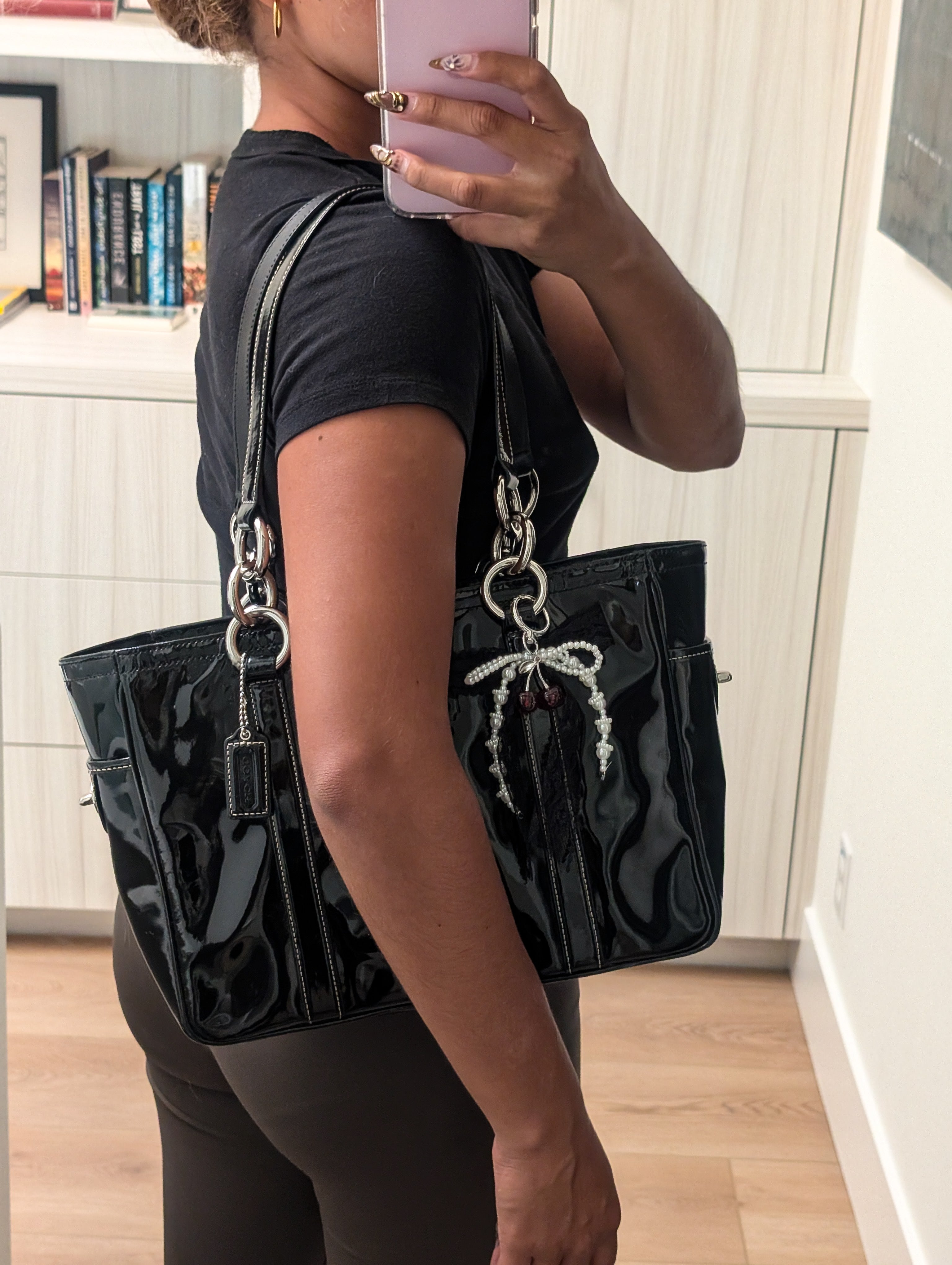 Coach East West Gallery Black Patent Leather Tote Shoulder Bag