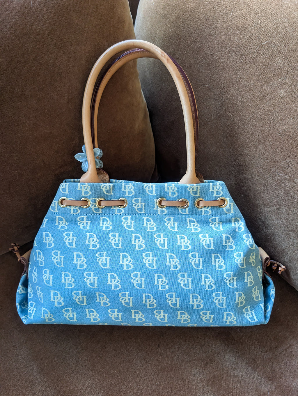 Dooney Bourke Blue Canvas Signature /Brown Leather Trim Satchel handbag