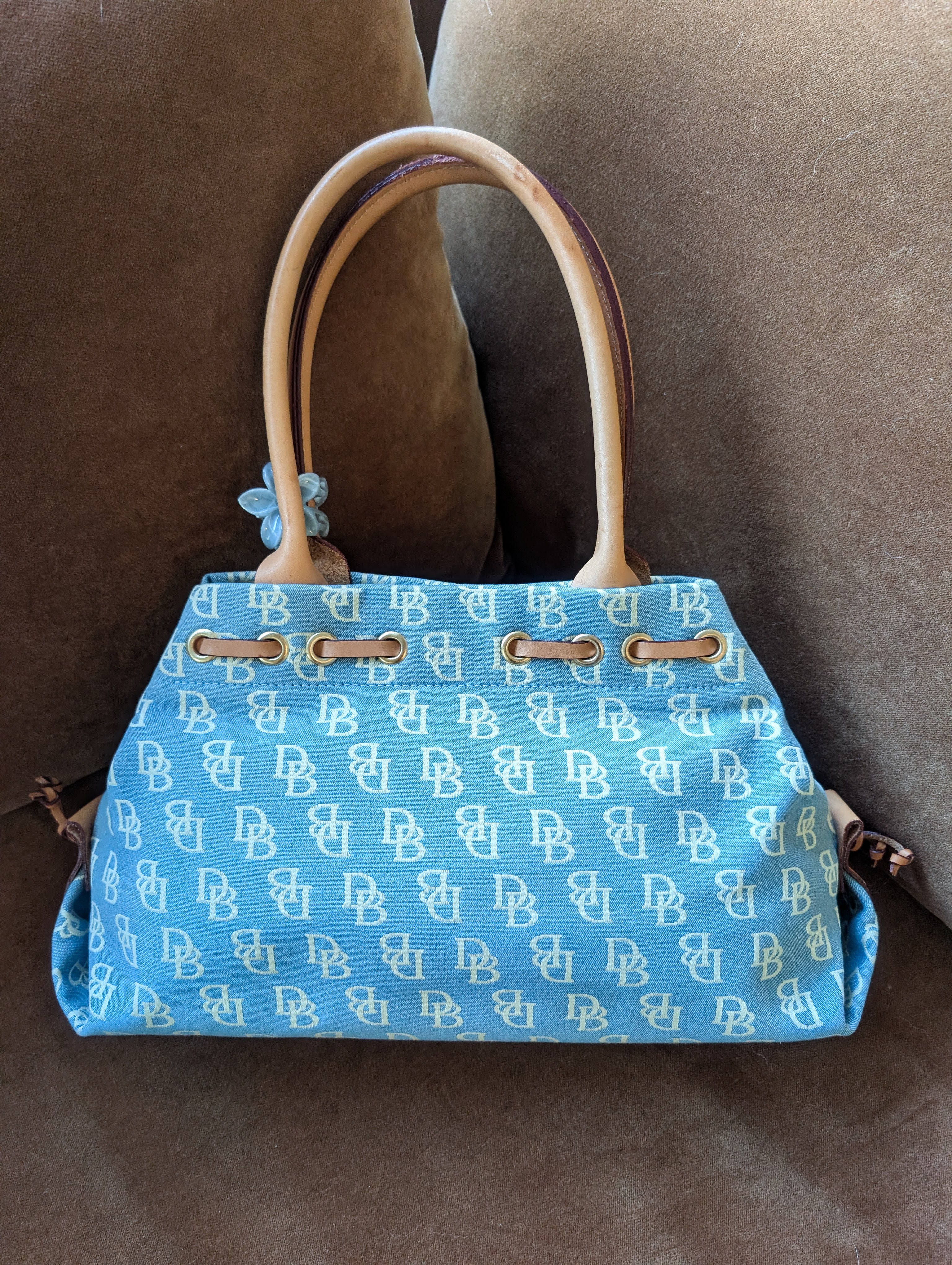 Dooney Bourke Blue Canvas Signature /Brown Leather Trim Satchel handbag