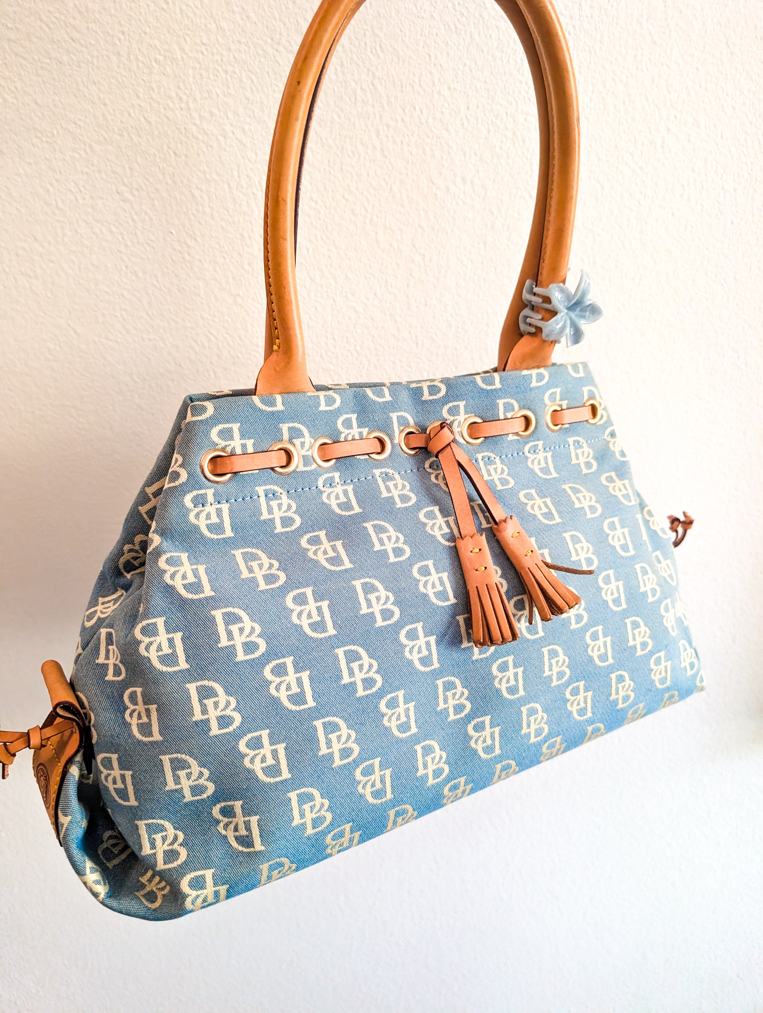 Dooney Bourke Blue Canvas Signature /Brown Leather Trim Satchel handbag