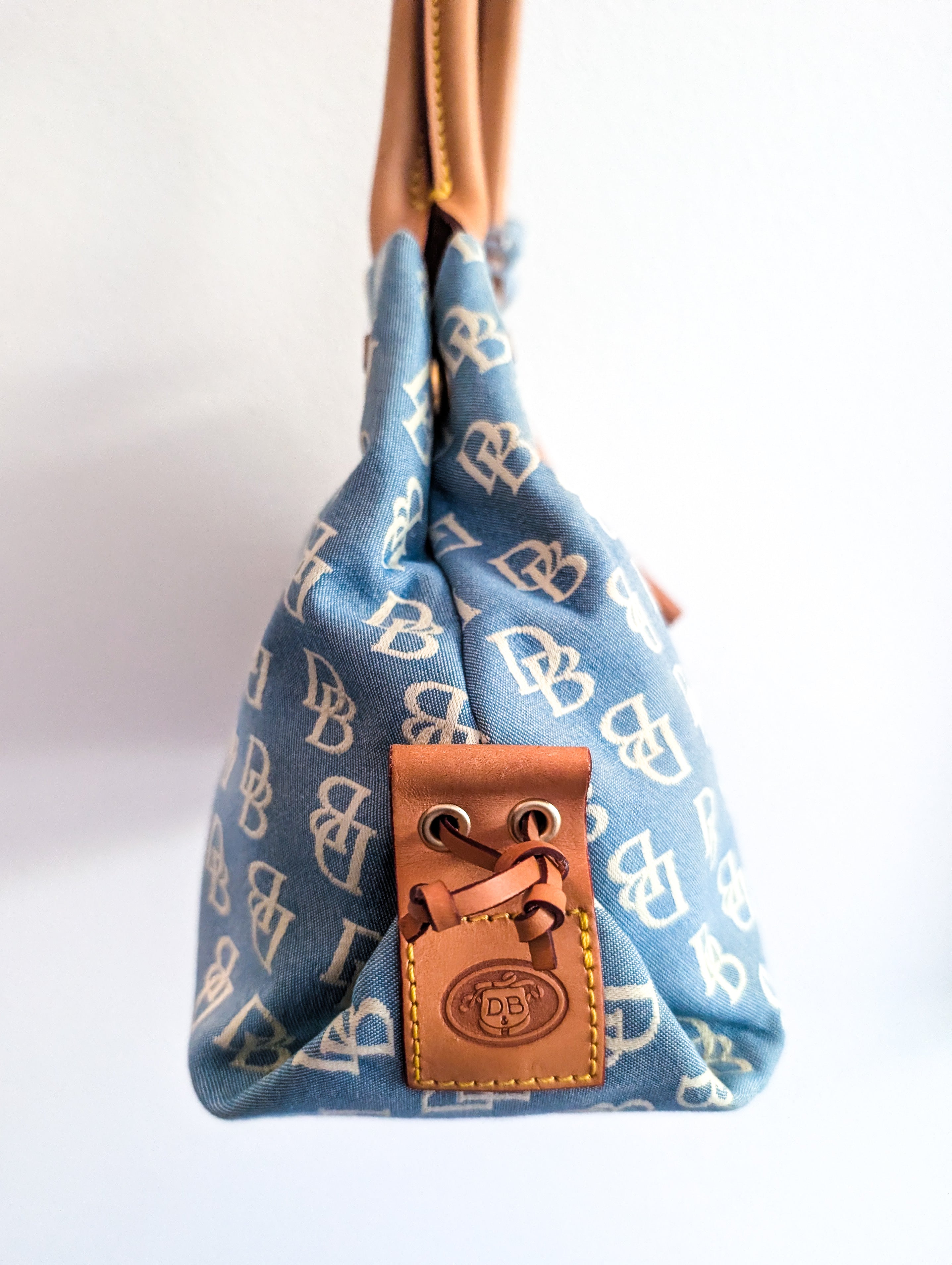 Dooney Bourke Blue Canvas Signature /Brown Leather Trim Satchel handbag
