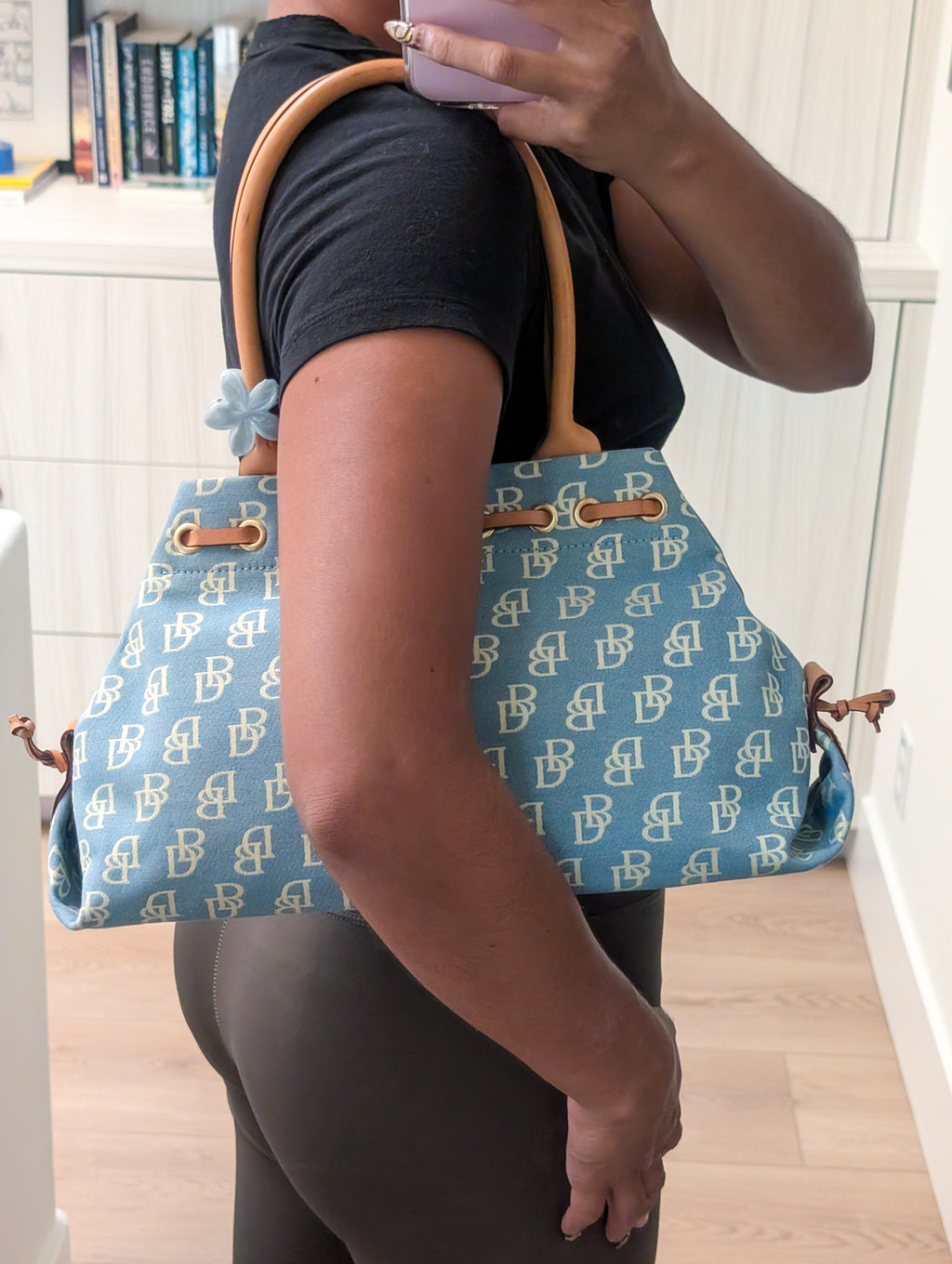 Dooney Bourke Blue Canvas Signature /Brown Leather Trim Satchel handbag