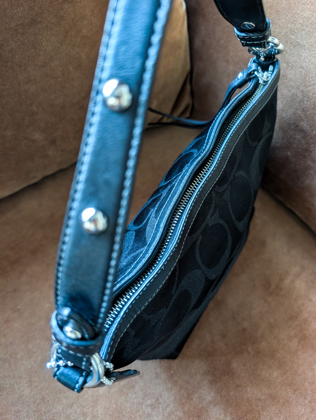 Coach Black Signature Striped Lurex Stud Tote Bag in Black & Silver