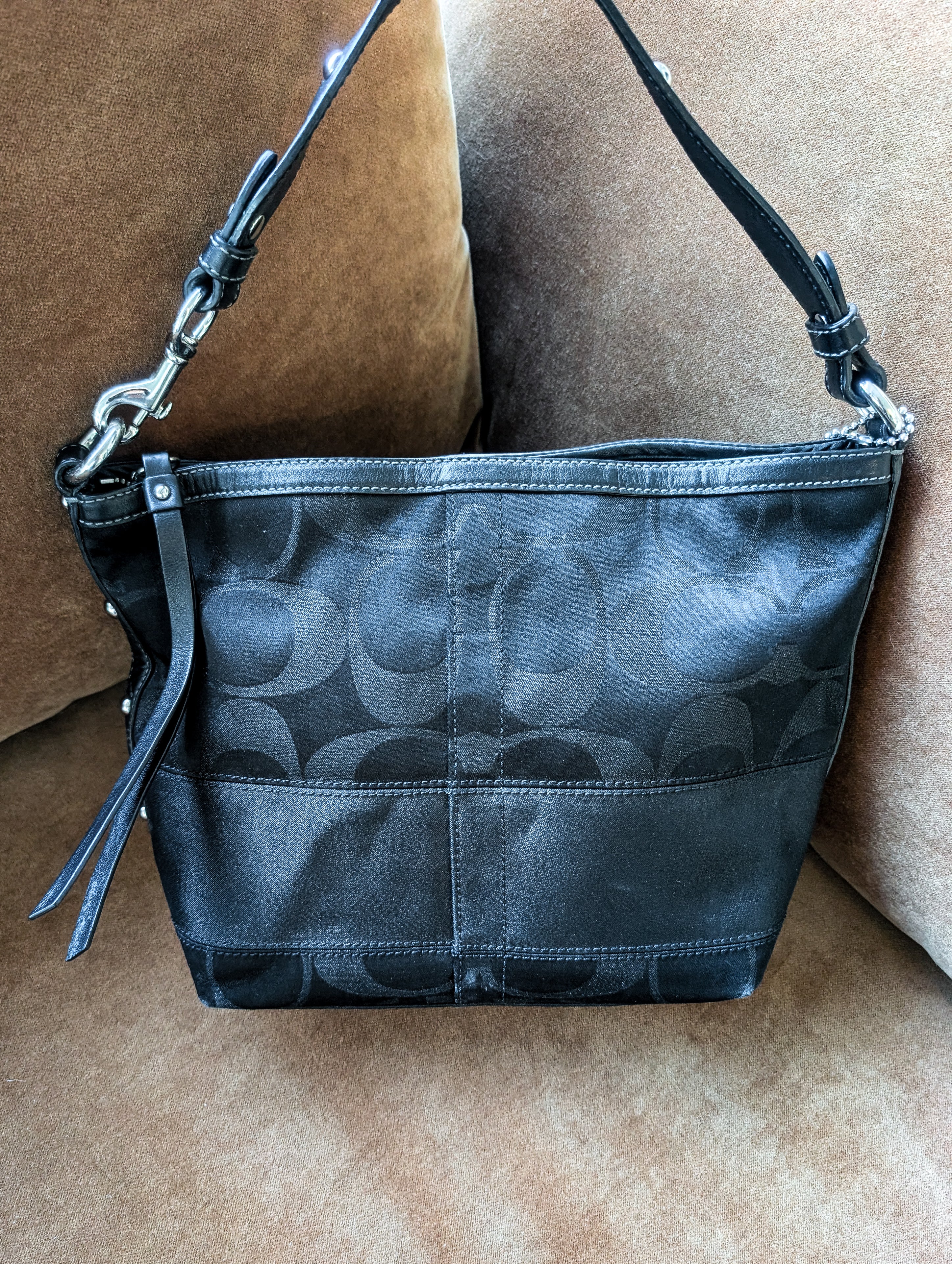 Coach Black Signature Striped Lurex Stud Tote Bag in Black & Silver