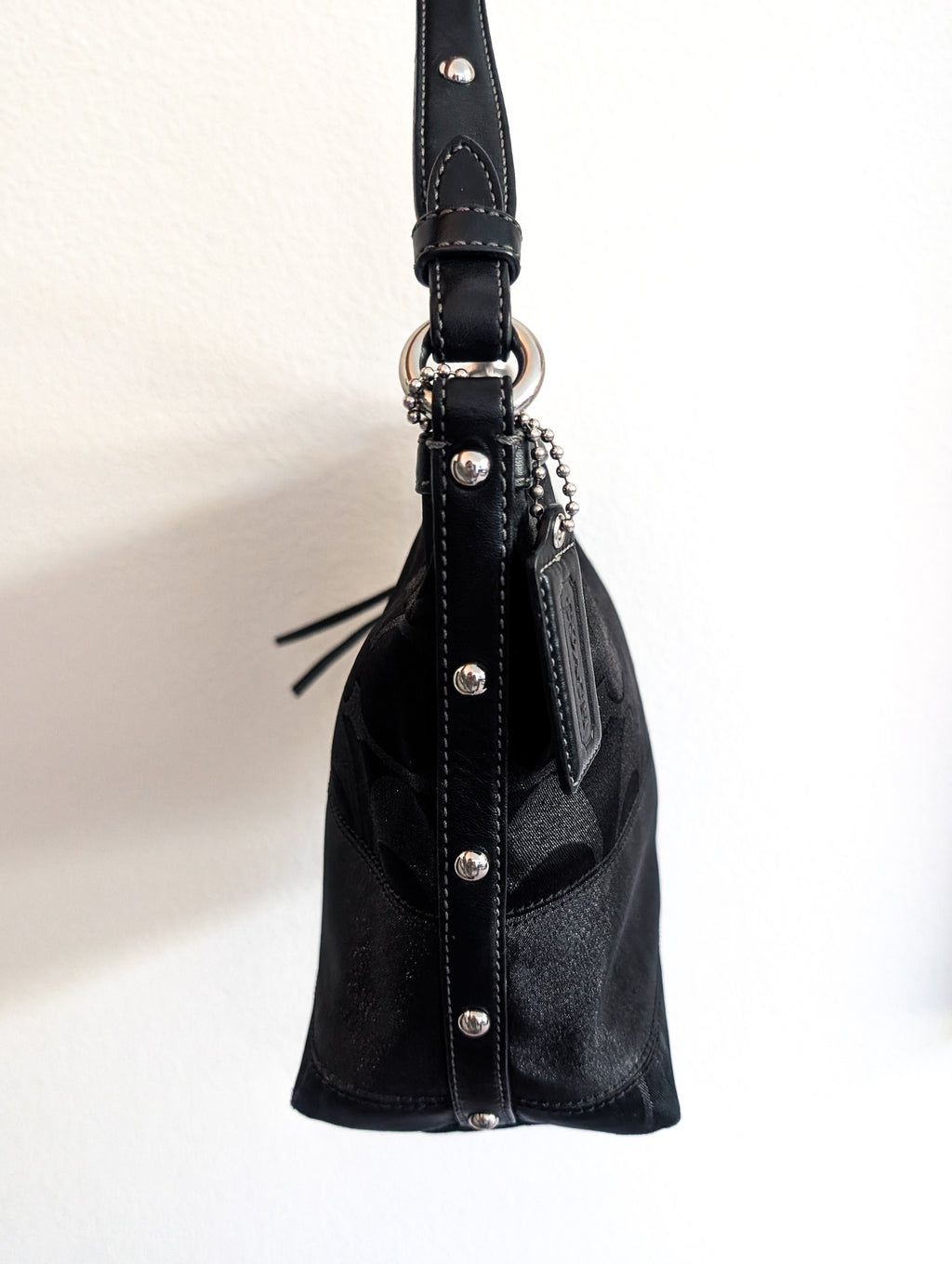 Coach Black Signature Striped Lurex Stud Tote Bag in Black & Silver