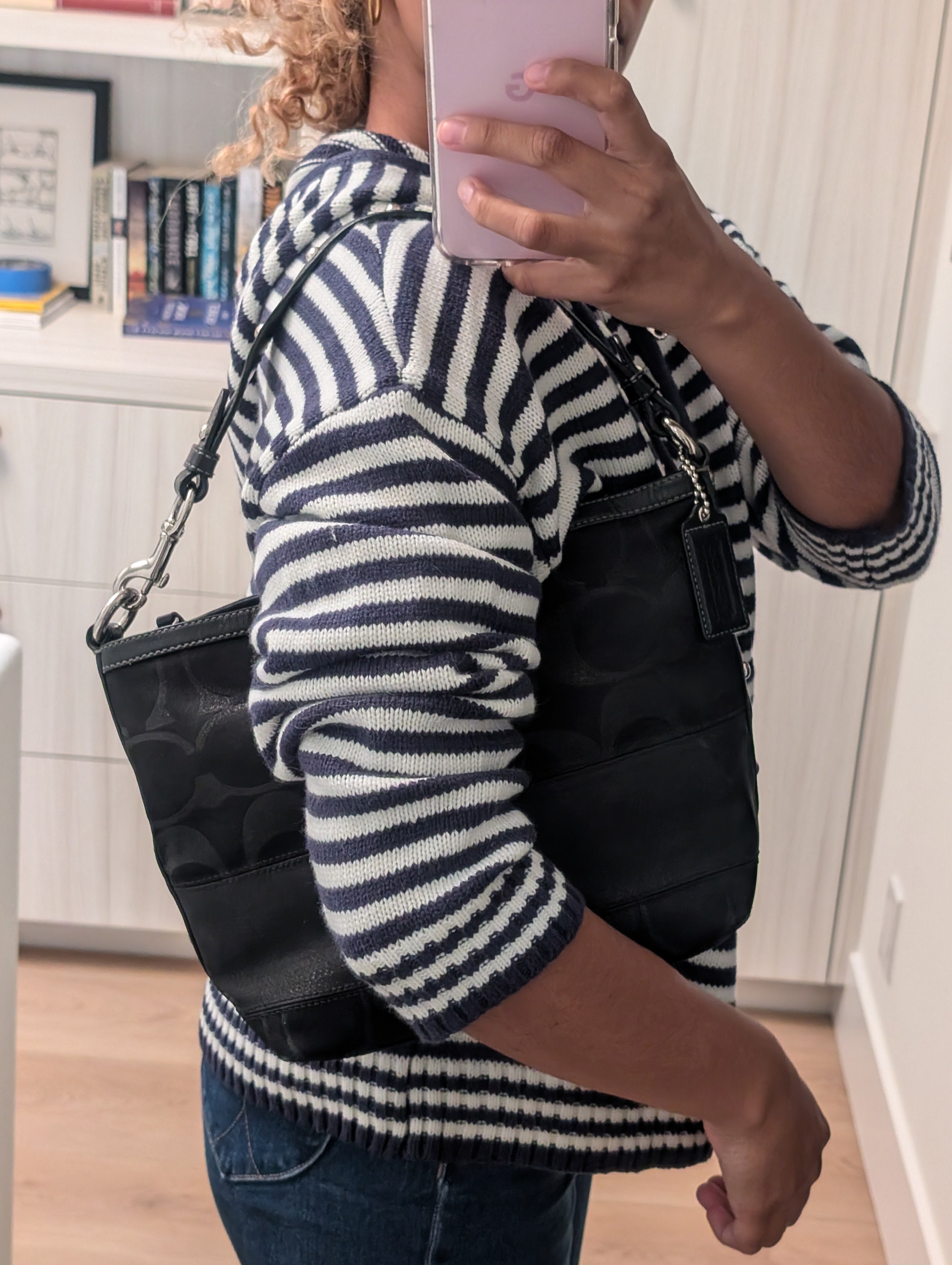 Coach Black Signature Striped Lurex Stud Tote Bag in Black & Silver