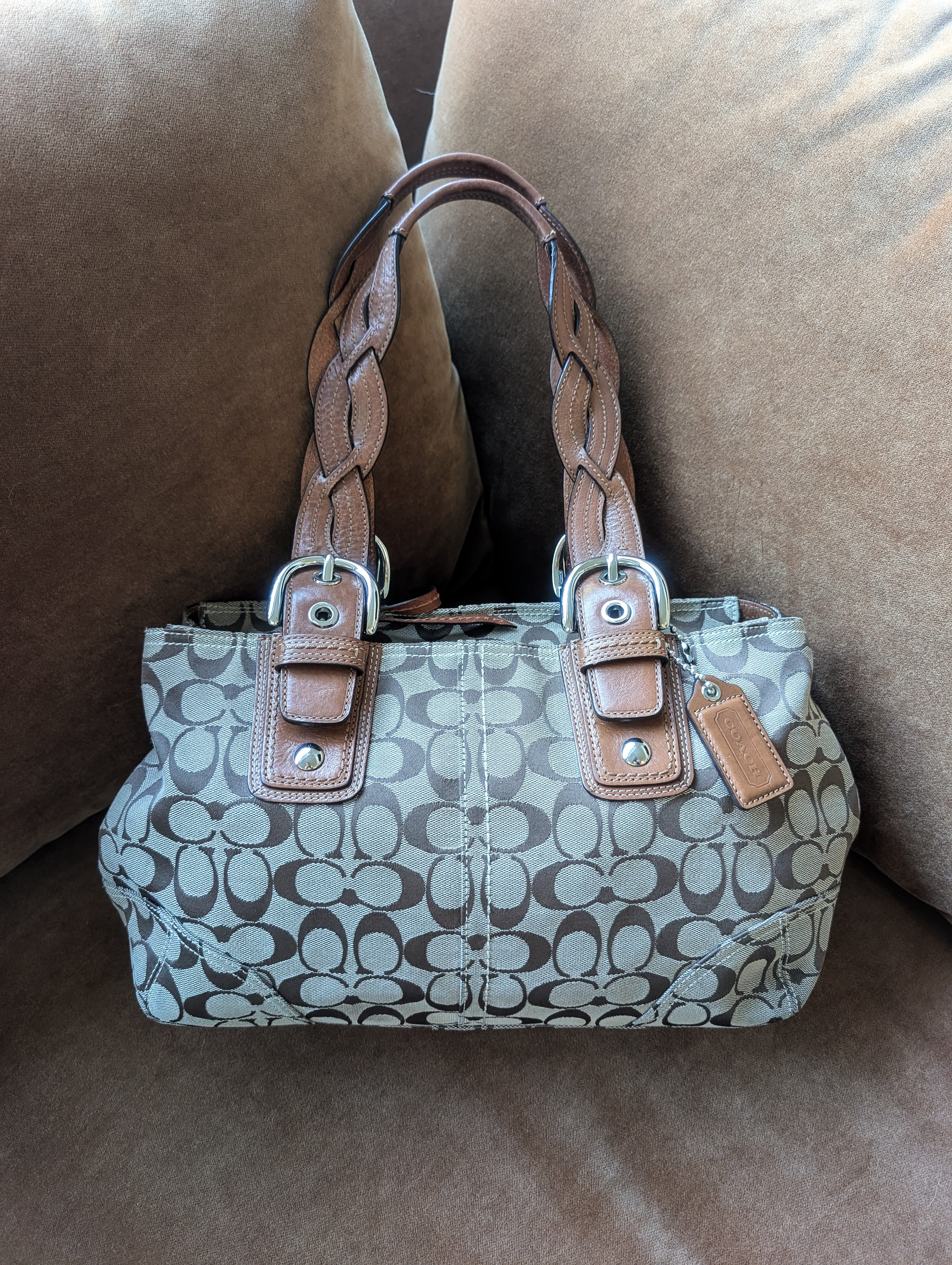 Coach Signature Satchel with Braided Handles in Brown & Silver