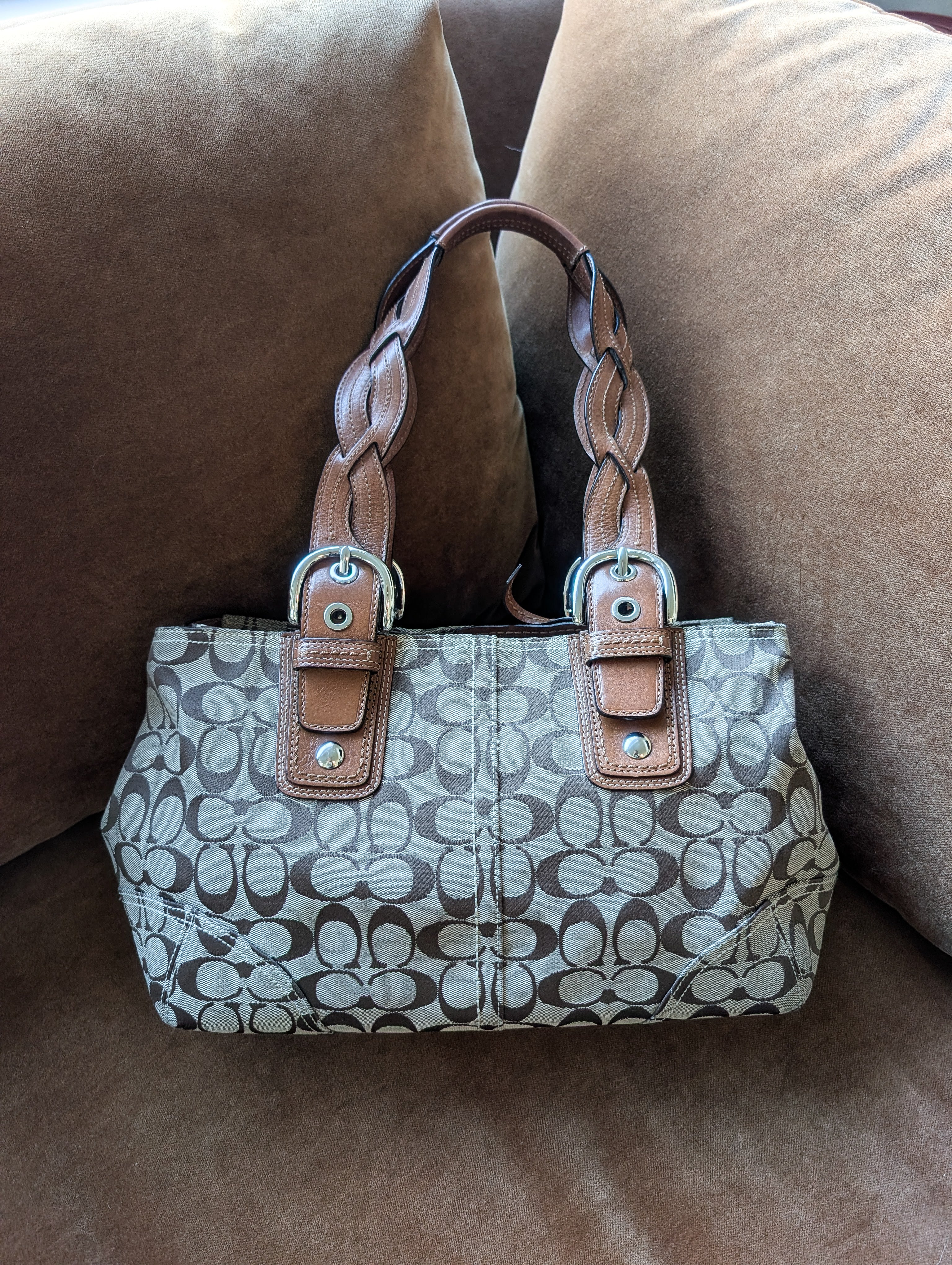 Coach Signature Satchel with Braided Handles in Brown & Silver