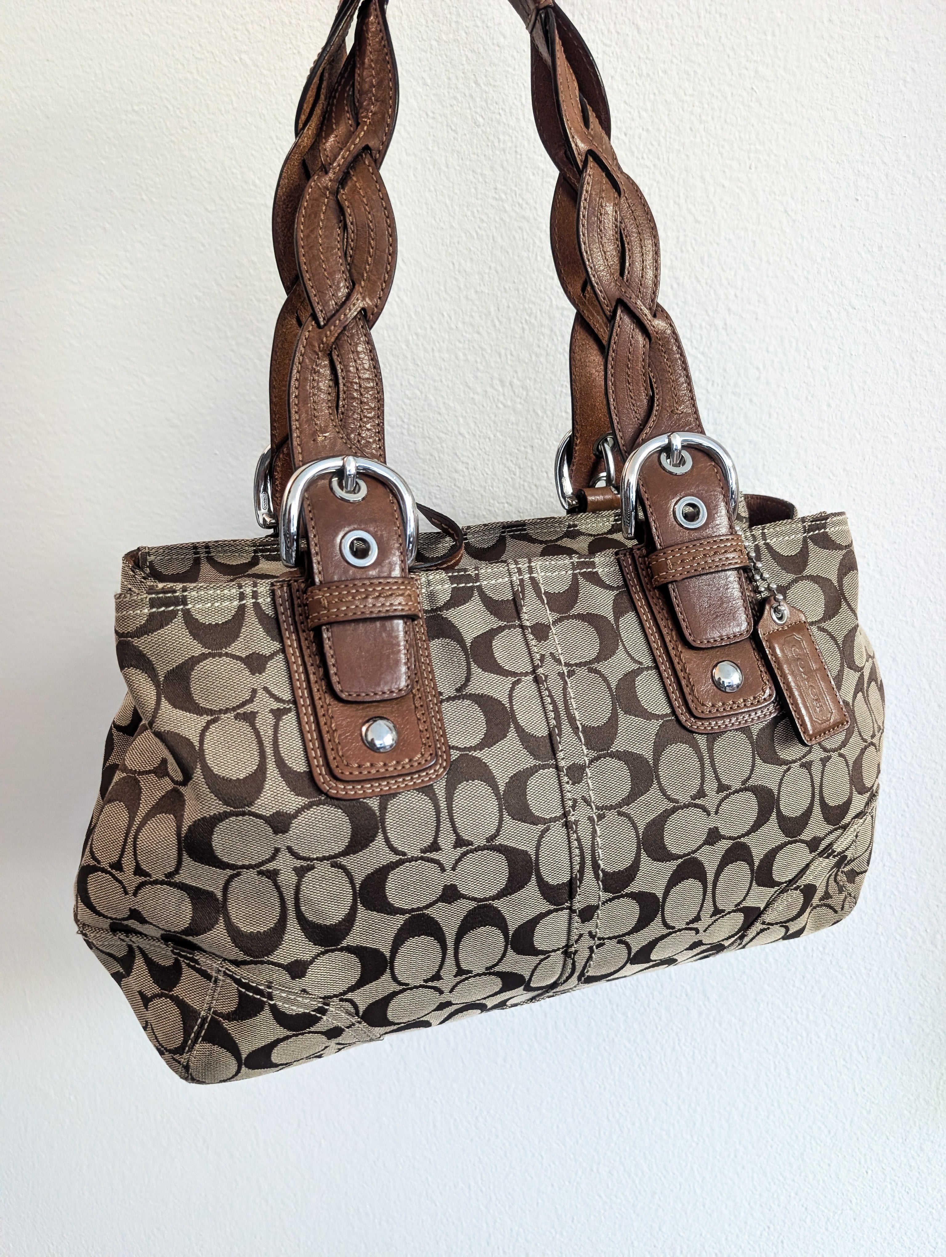 Coach Signature Satchel with Braided Handles in Brown & Silver