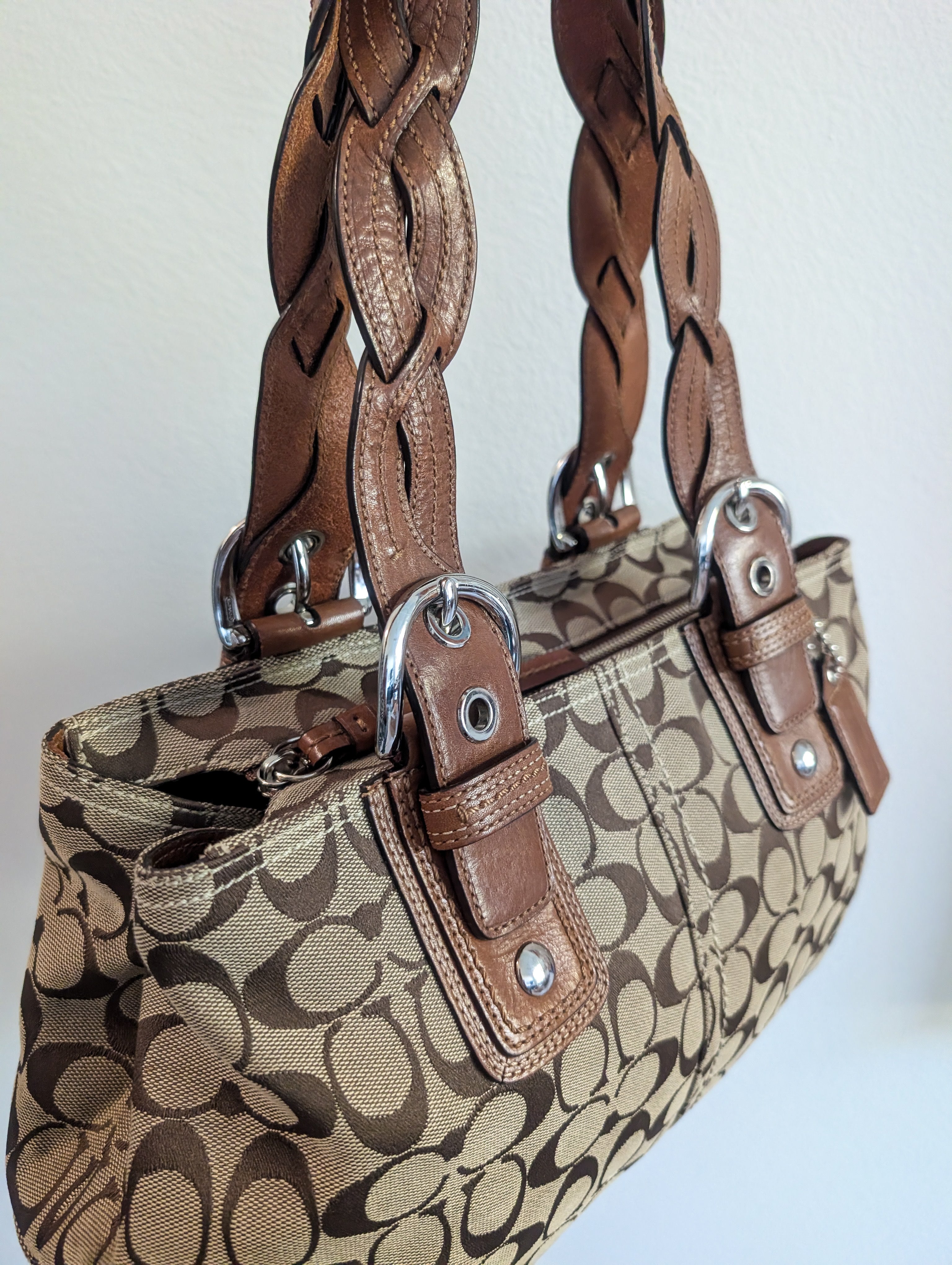 Coach Signature Satchel with Braided Handles in Brown & Silver