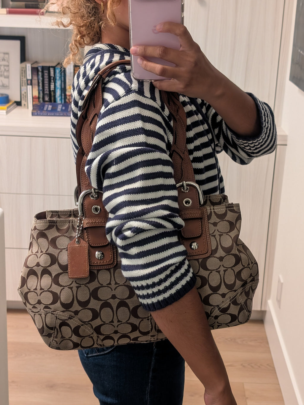 Coach Signature Satchel with Braided Handles in Brown & Silver