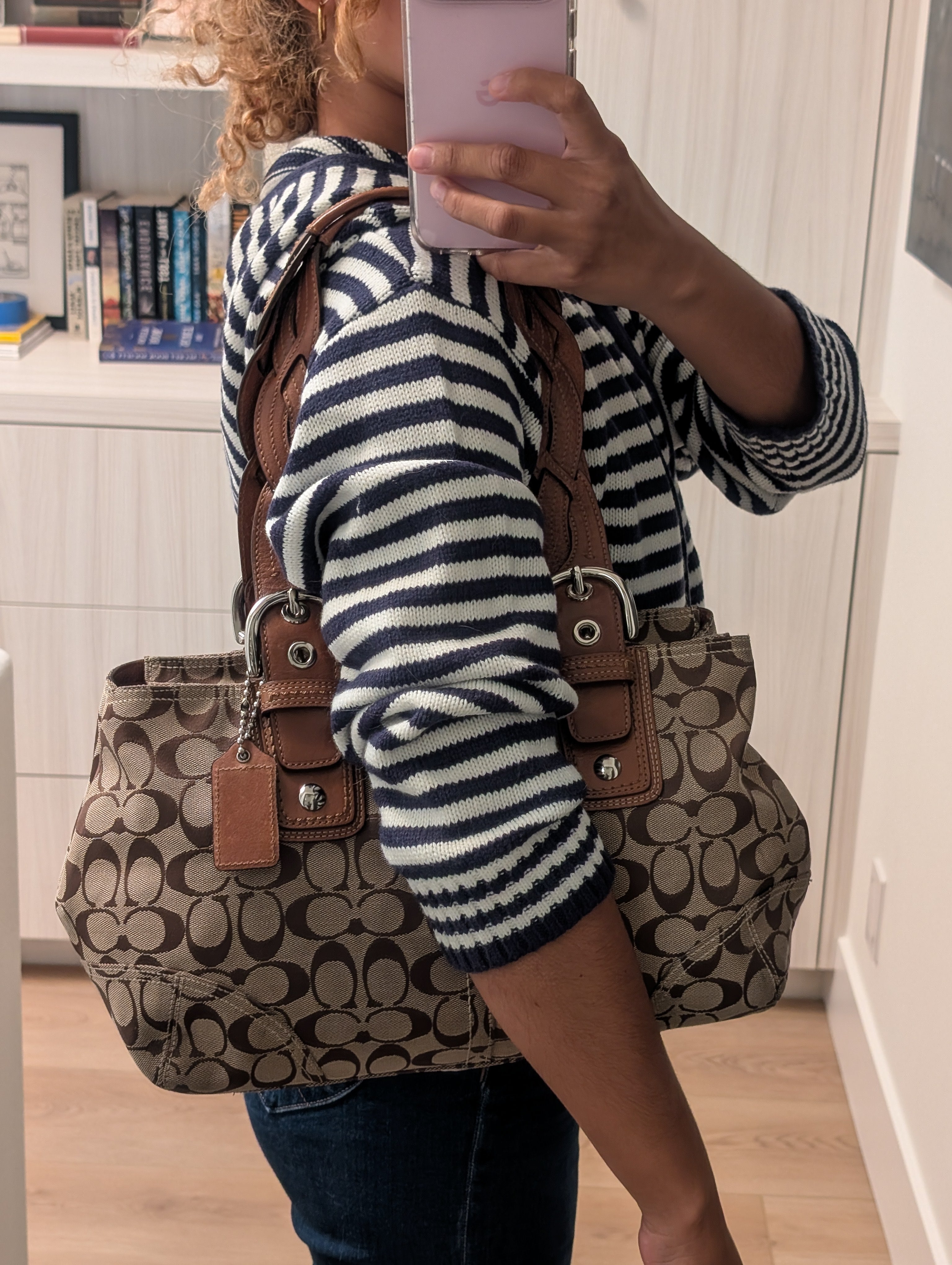 Coach Signature Satchel with Braided Handles in Brown & Silver