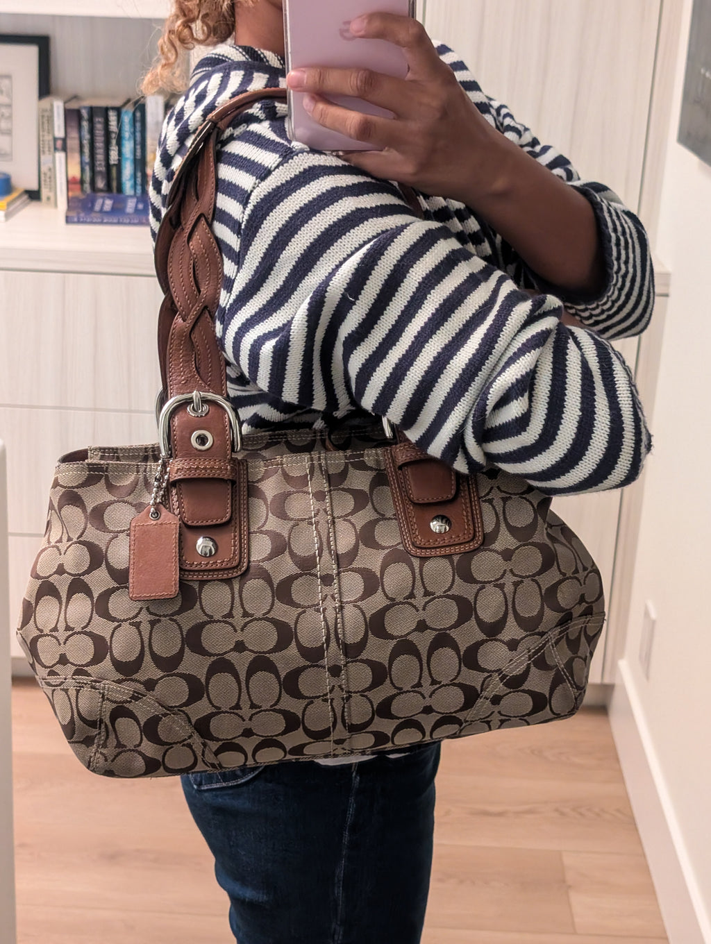 Coach Signature Satchel with Braided Handles in Brown & Silver