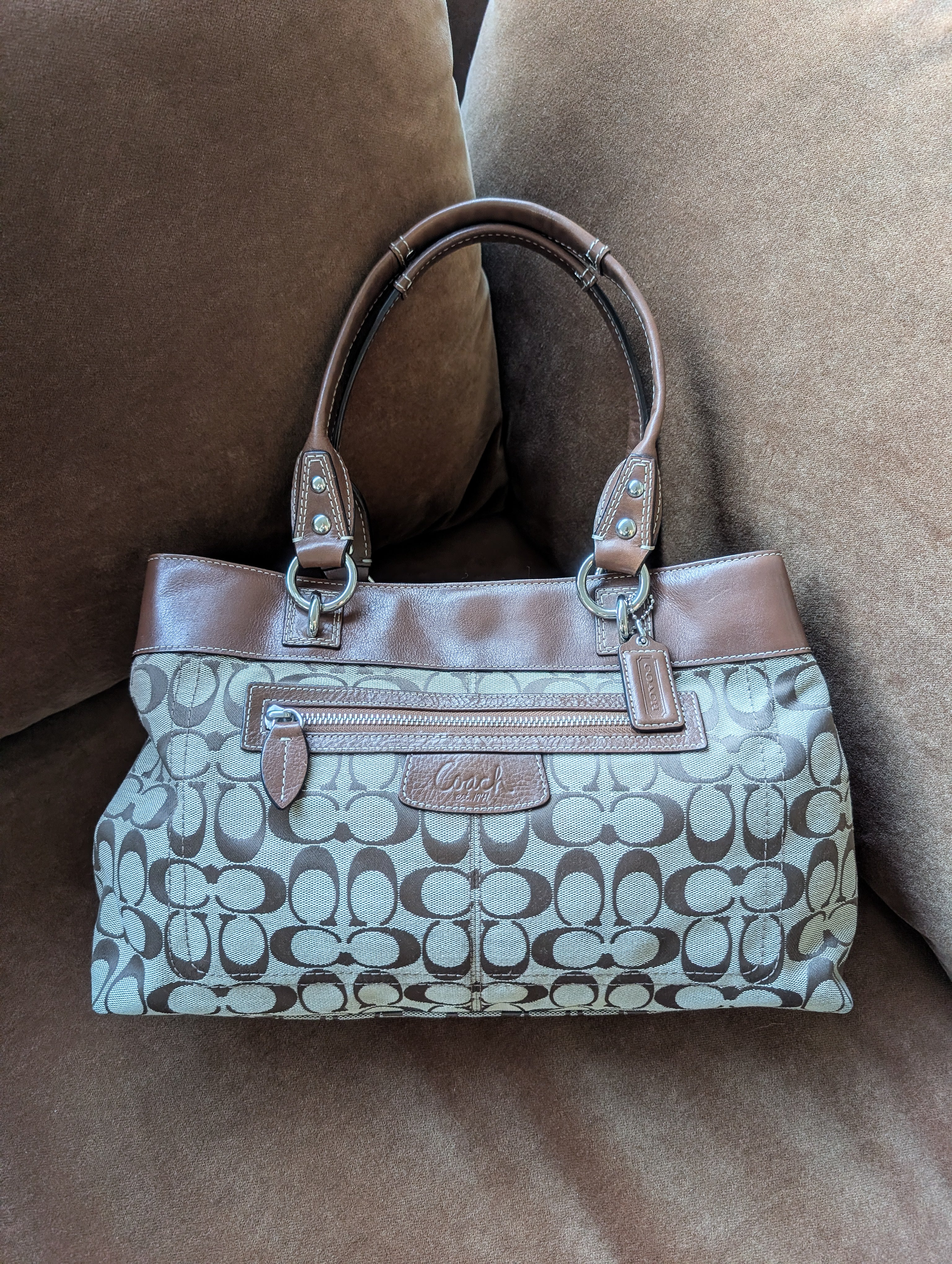 Coach Penelope Signature Jacquard Shoulder Bag in Brown & Silver