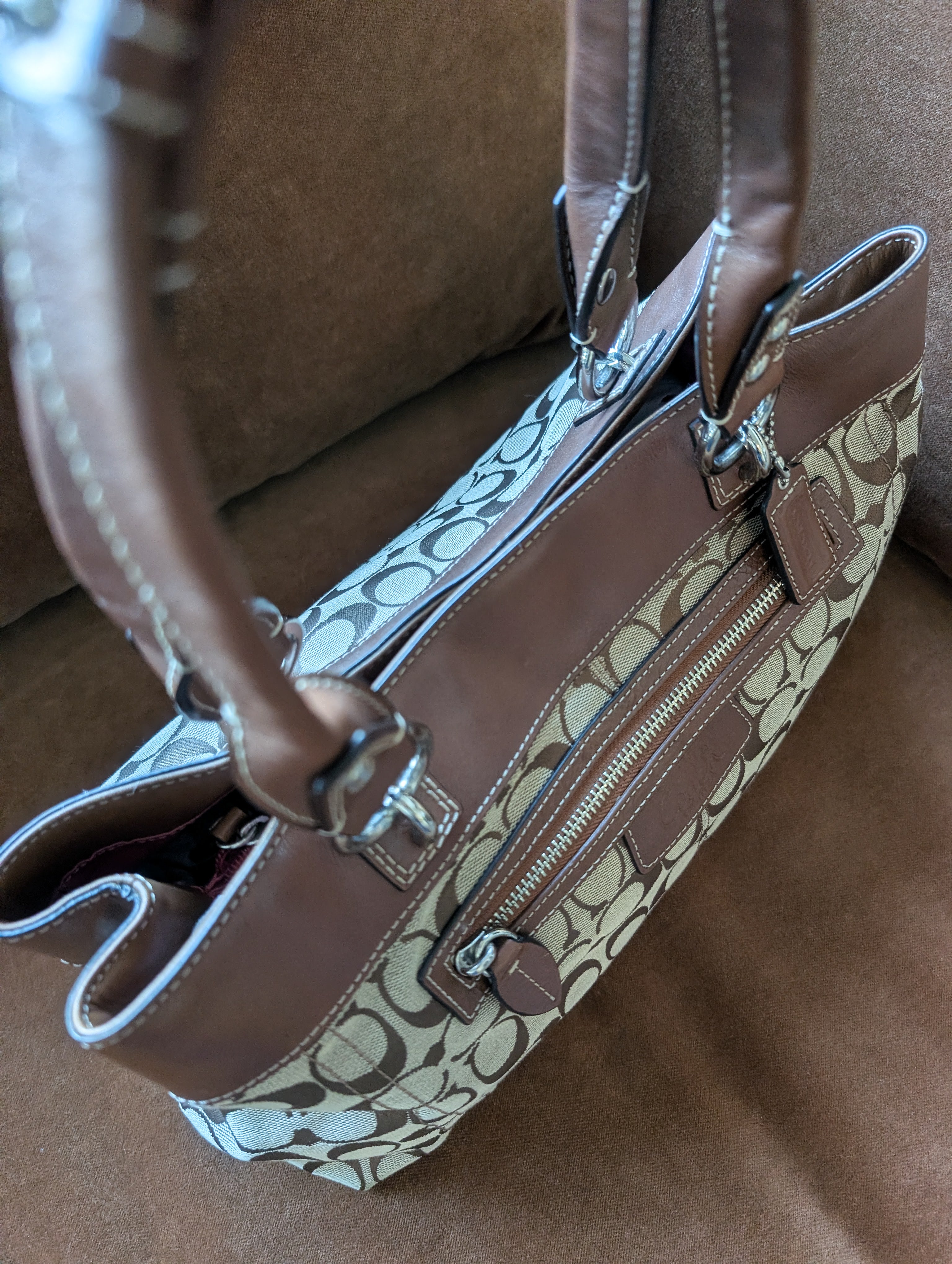 Coach Penelope Signature Jacquard Shoulder Bag in Brown & Silver