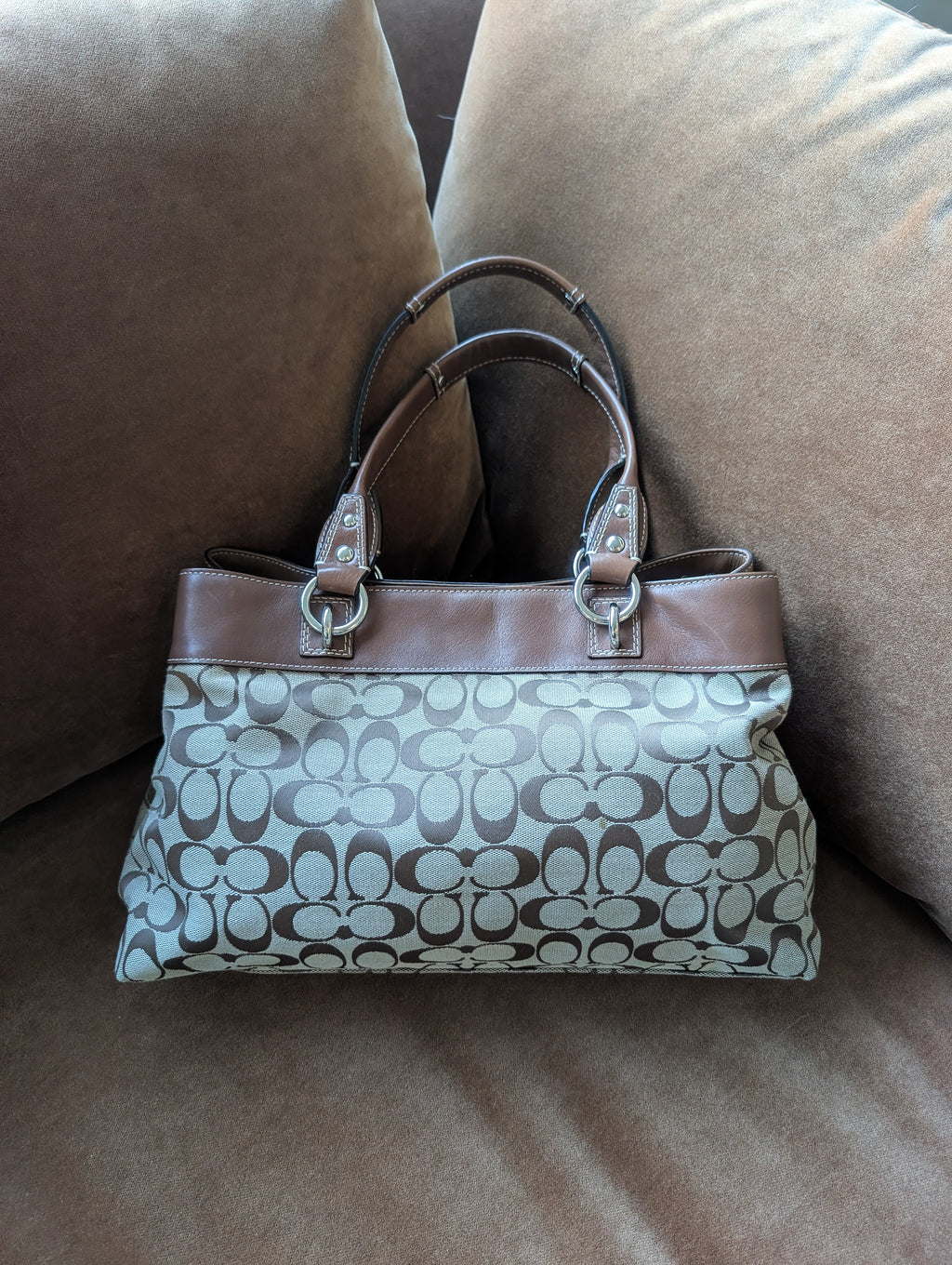 Coach Penelope Signature Jacquard Shoulder Bag in Brown & Silver