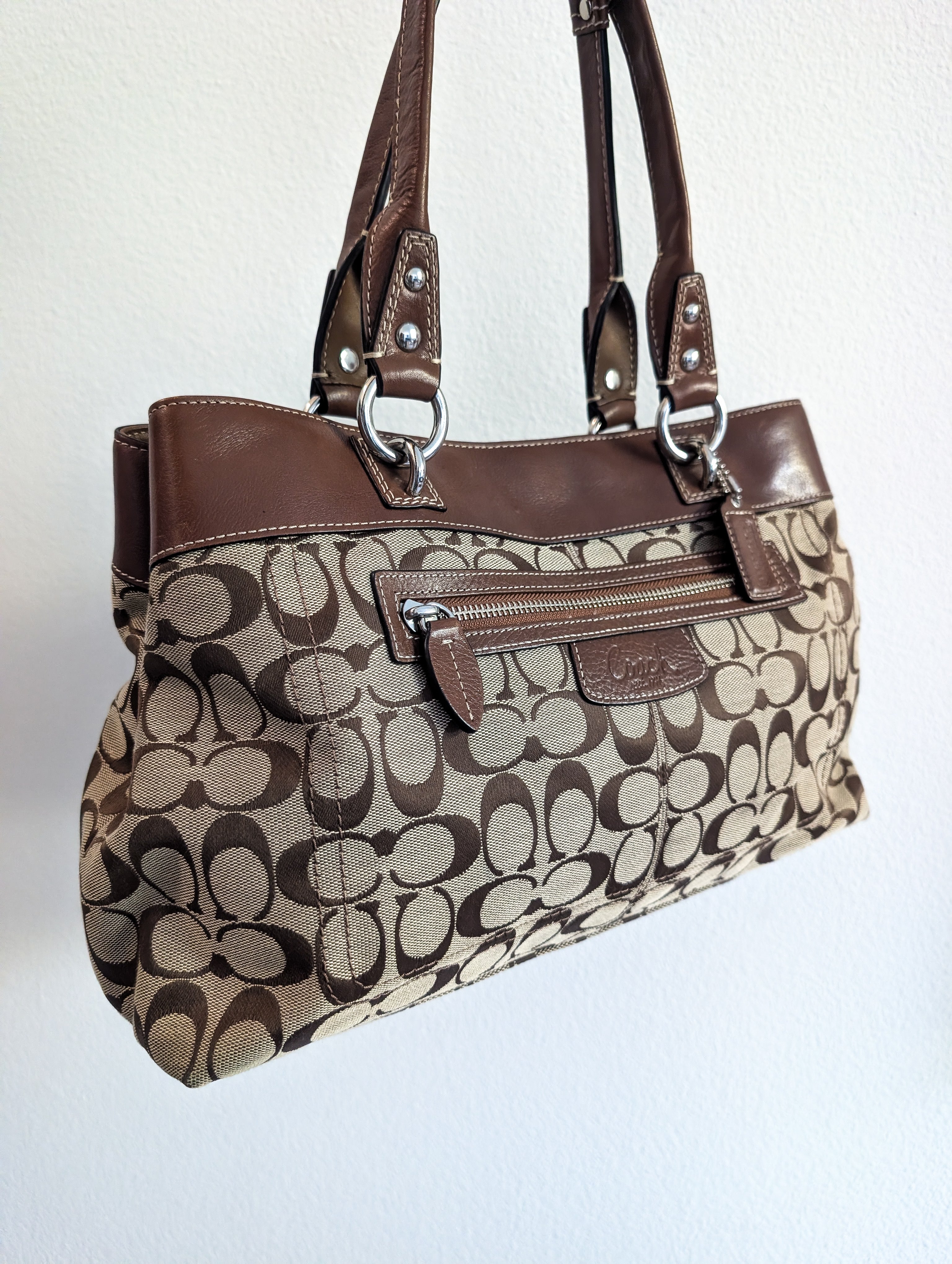 Coach Penelope Signature Jacquard Shoulder Bag in Brown & Silver