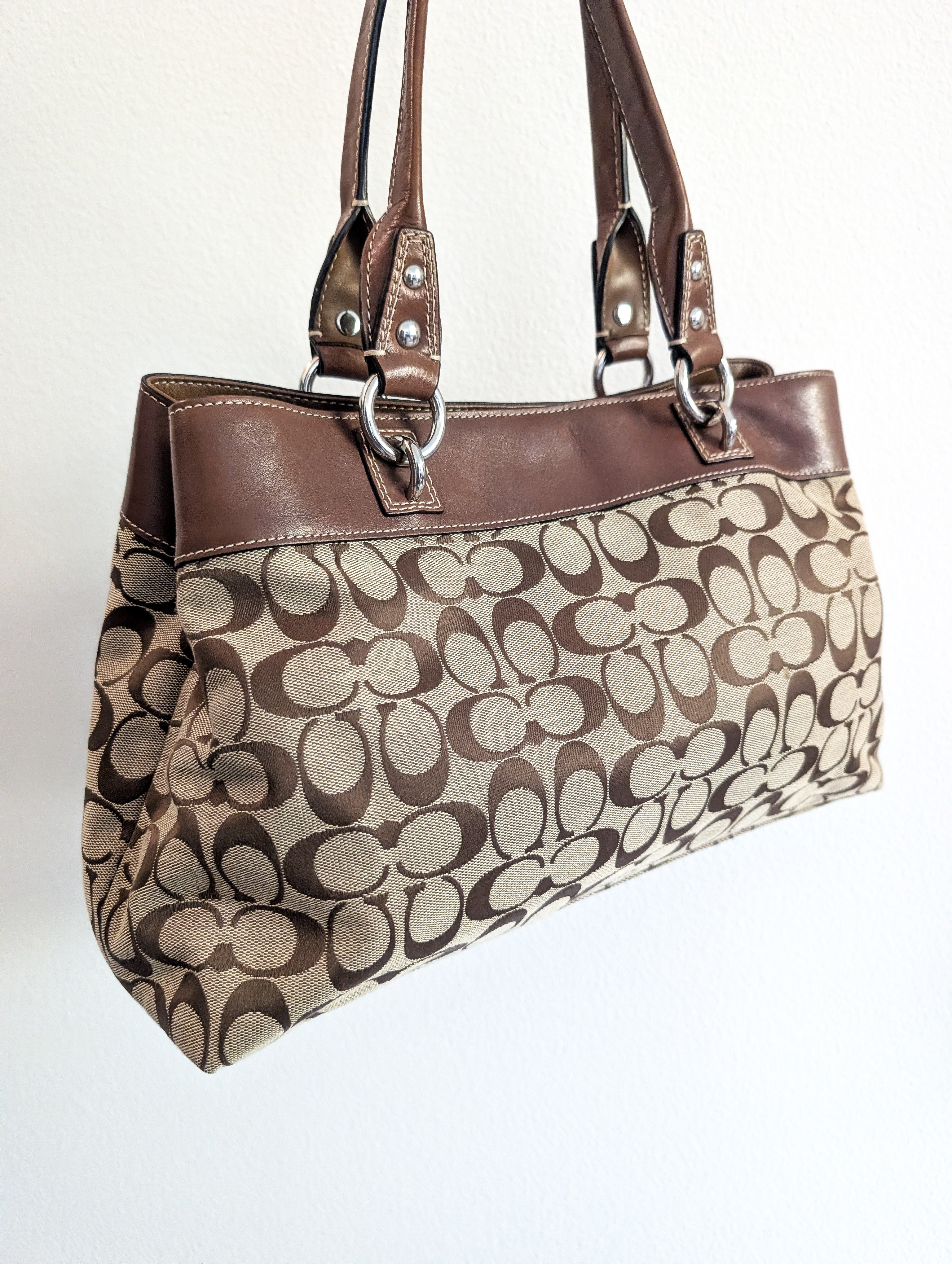 Coach Penelope Signature Jacquard Shoulder Bag in Brown & Silver