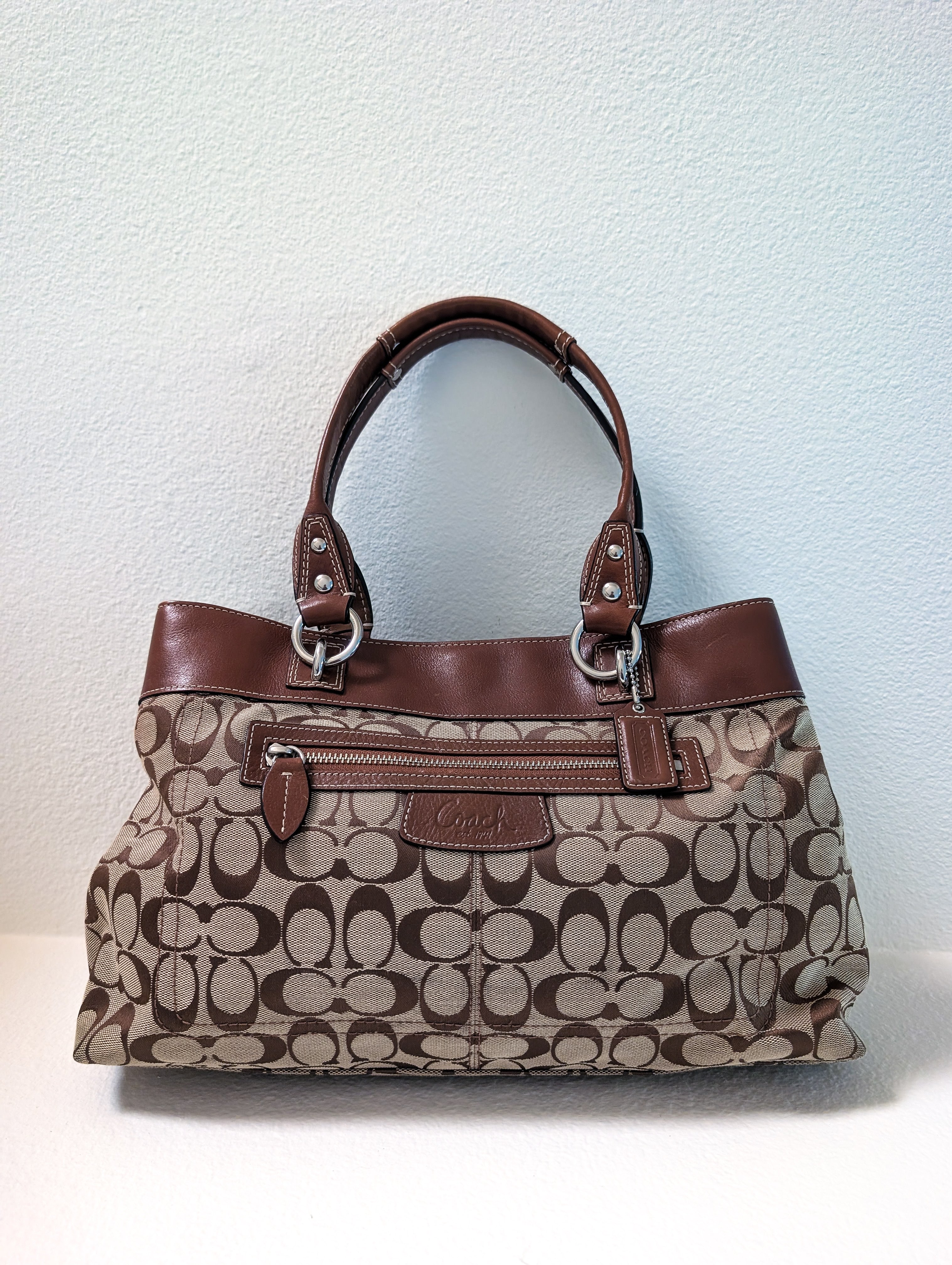 Coach Penelope Signature Jacquard Shoulder Bag in Brown & Silver