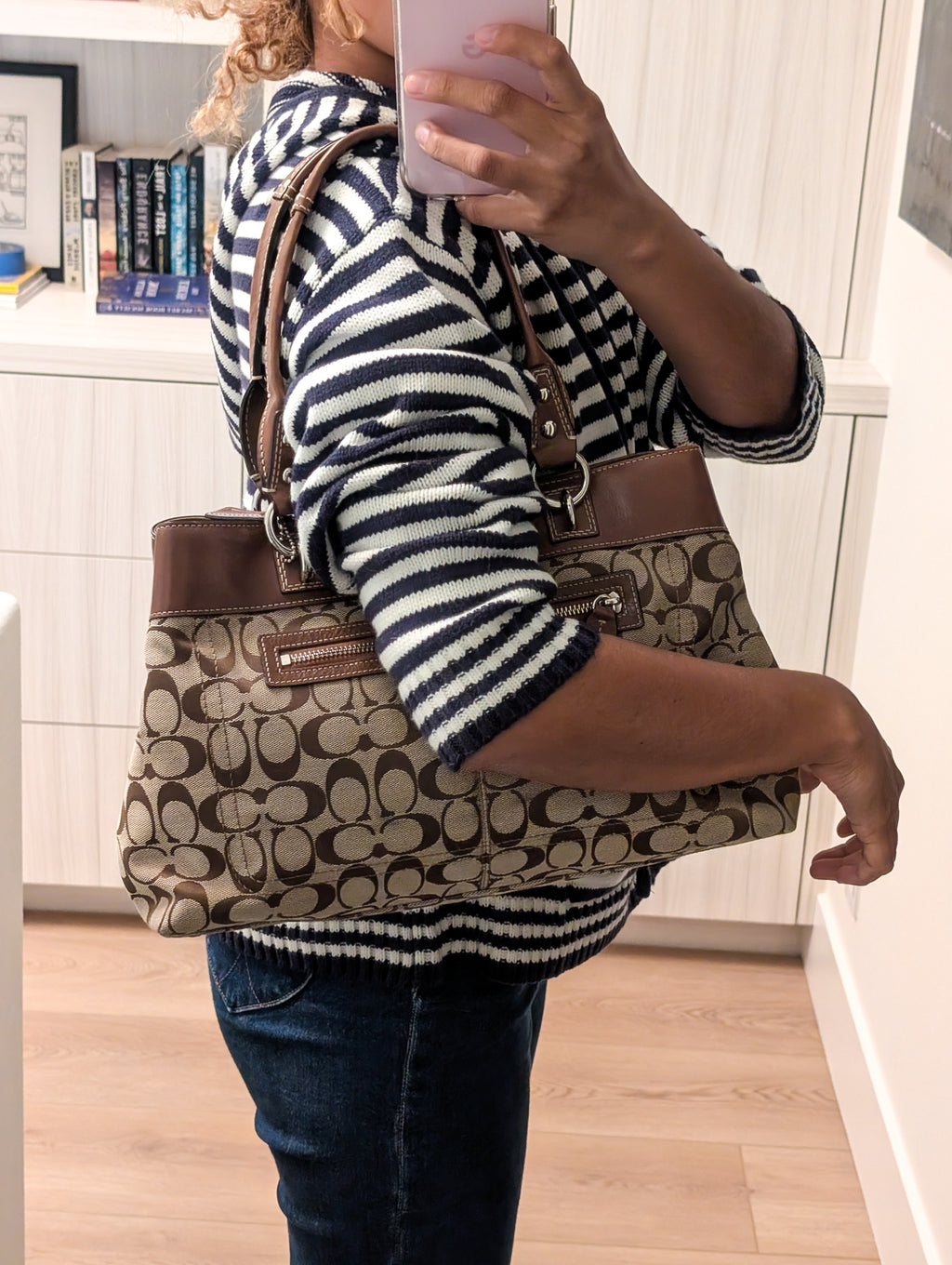 Coach Penelope Signature Jacquard Shoulder Bag in Brown & Silver