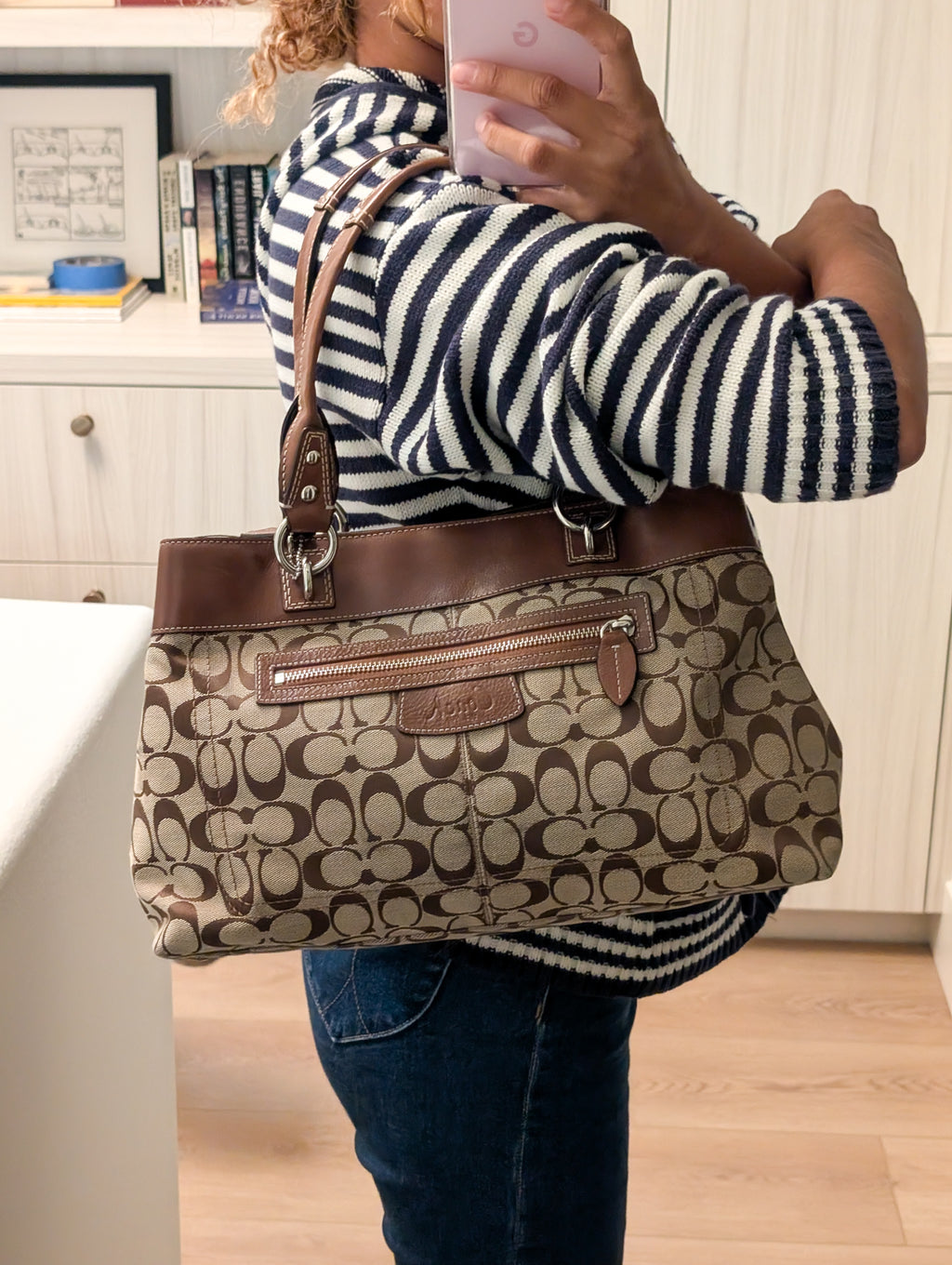 Coach Penelope Signature Jacquard Shoulder Bag in Brown & Silver