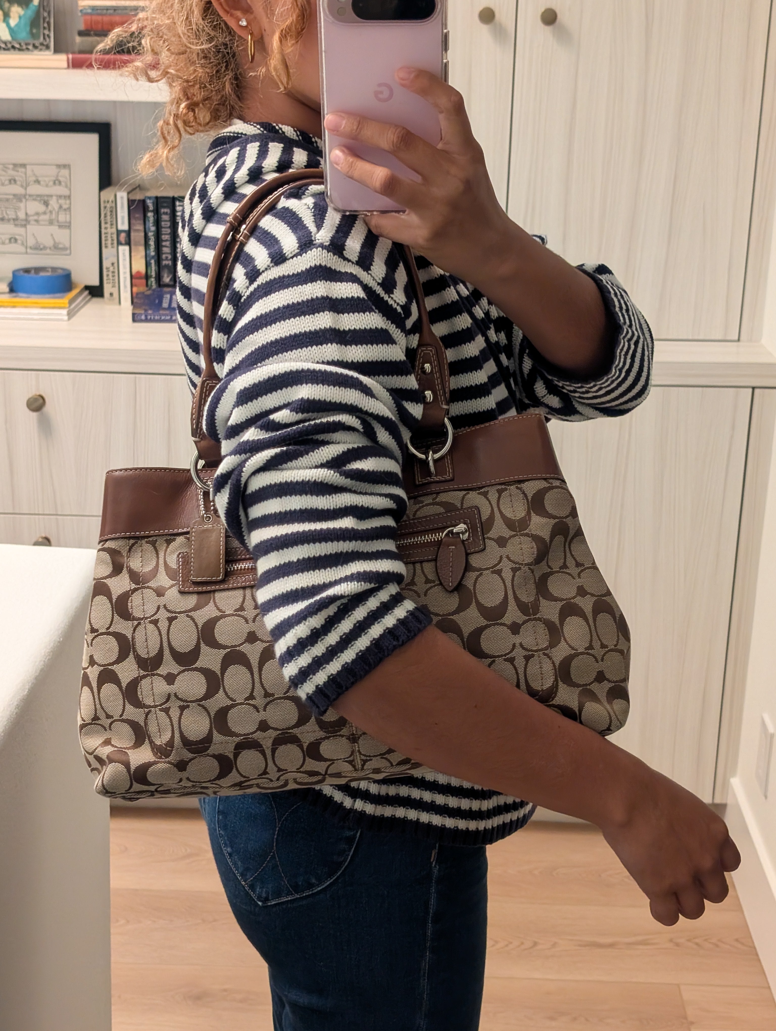 Coach Penelope Signature Jacquard Shoulder Bag in Brown & Silver