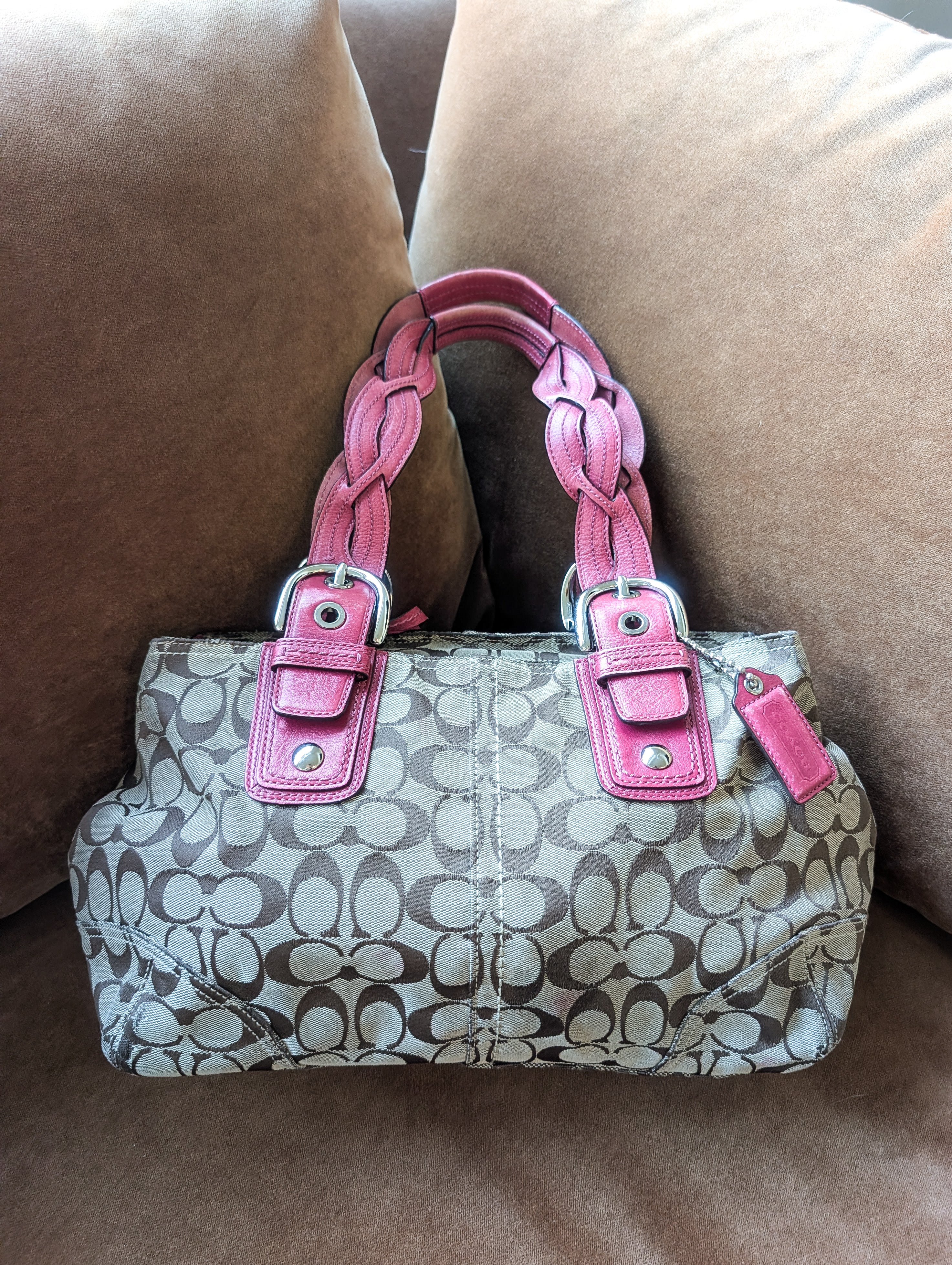 Coach Signature tote handbag with pink braided handles